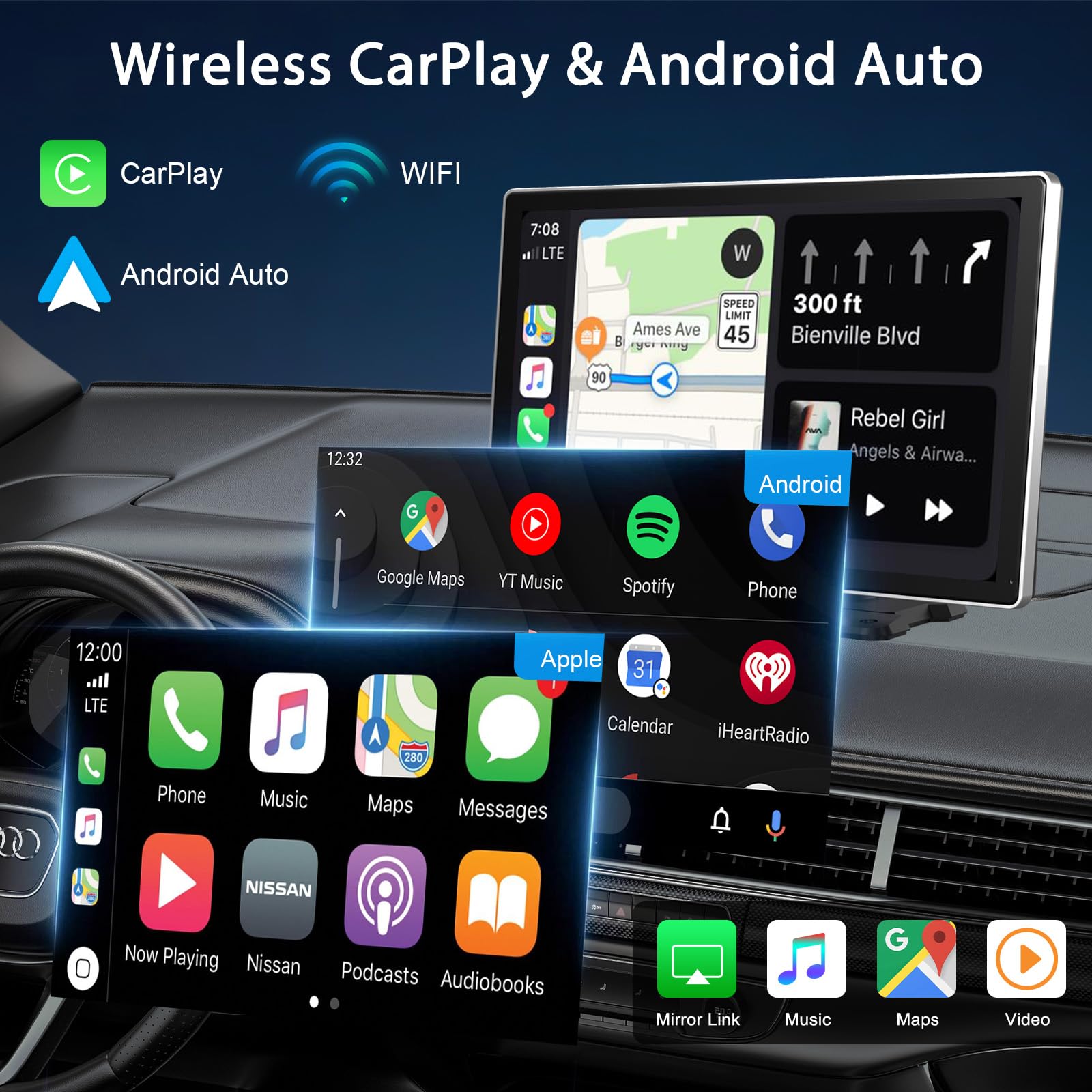 Wireless Carplay Screen For Car   9'' Portable Car Stereo With 1080P Backup Camera, Car Overhead Video Players With A Pple Carpl