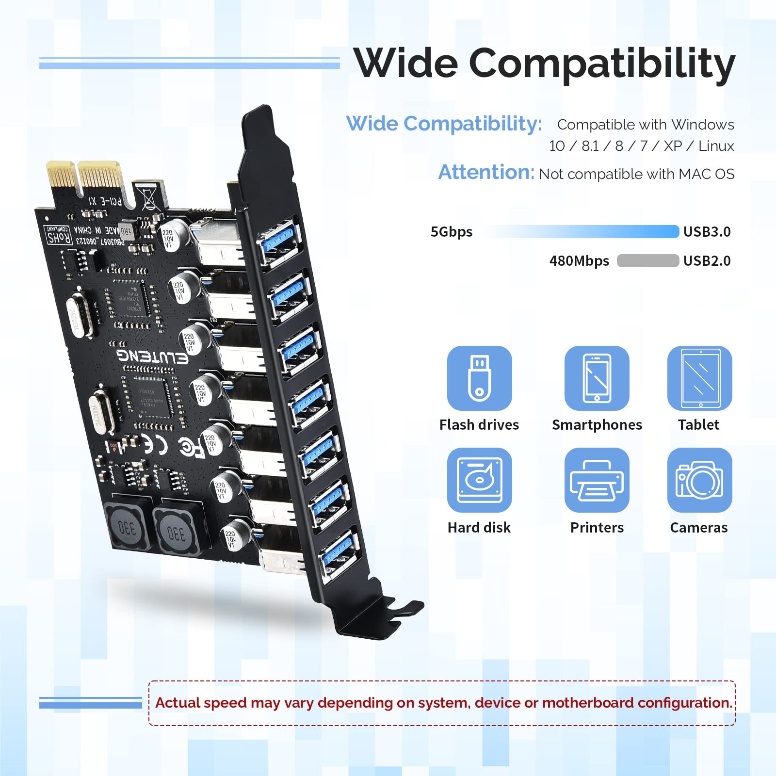 Eluteng Pcie Usb 3.0 Card 7 Ports Pci Expree To Usb Expansion Card Super Speed 5Gbps Pci E Usb3 Hub Controller Adapter For Windo