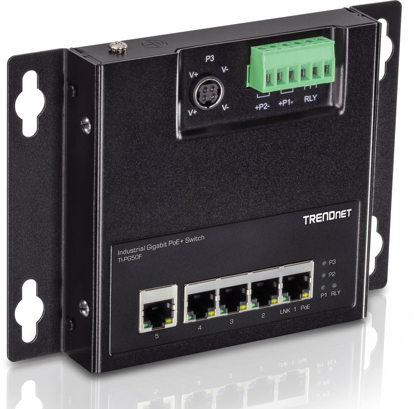 Trendnet 5 Port Industrial Gigabit Poe+ Wall Mounted Front Access Switch, 5X Gigabit Poe+ Ports, Din Rail Mount, 48  57V Dc Powe