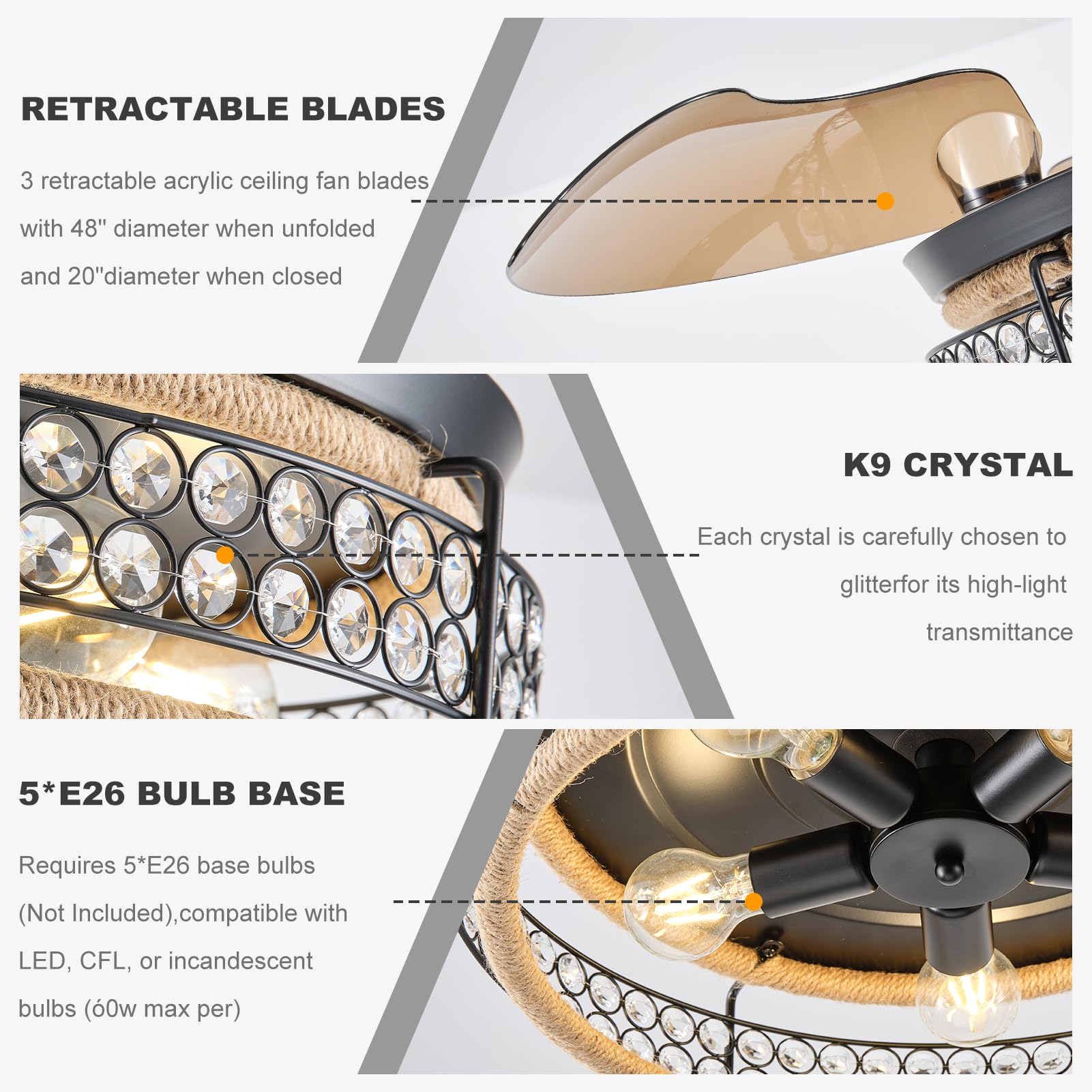 48 Inch Retractable Ceiling Fans With Lights And Remote, Industrial Black Fandelier With 3 Retractable Abs Blades, Invisible Cry