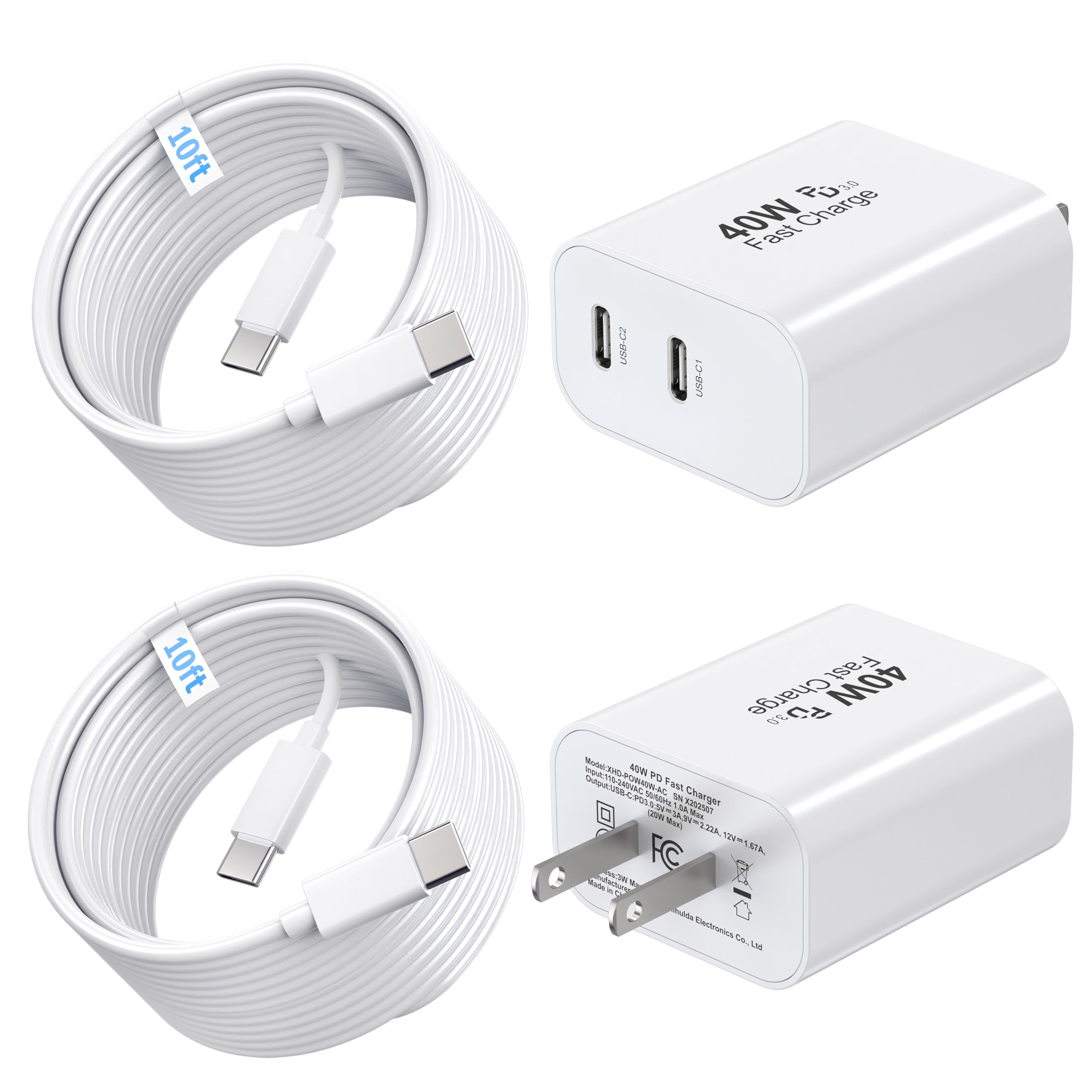 2Pack 40W USB C Charger Block Dual Port with 10ft Type C Cable White