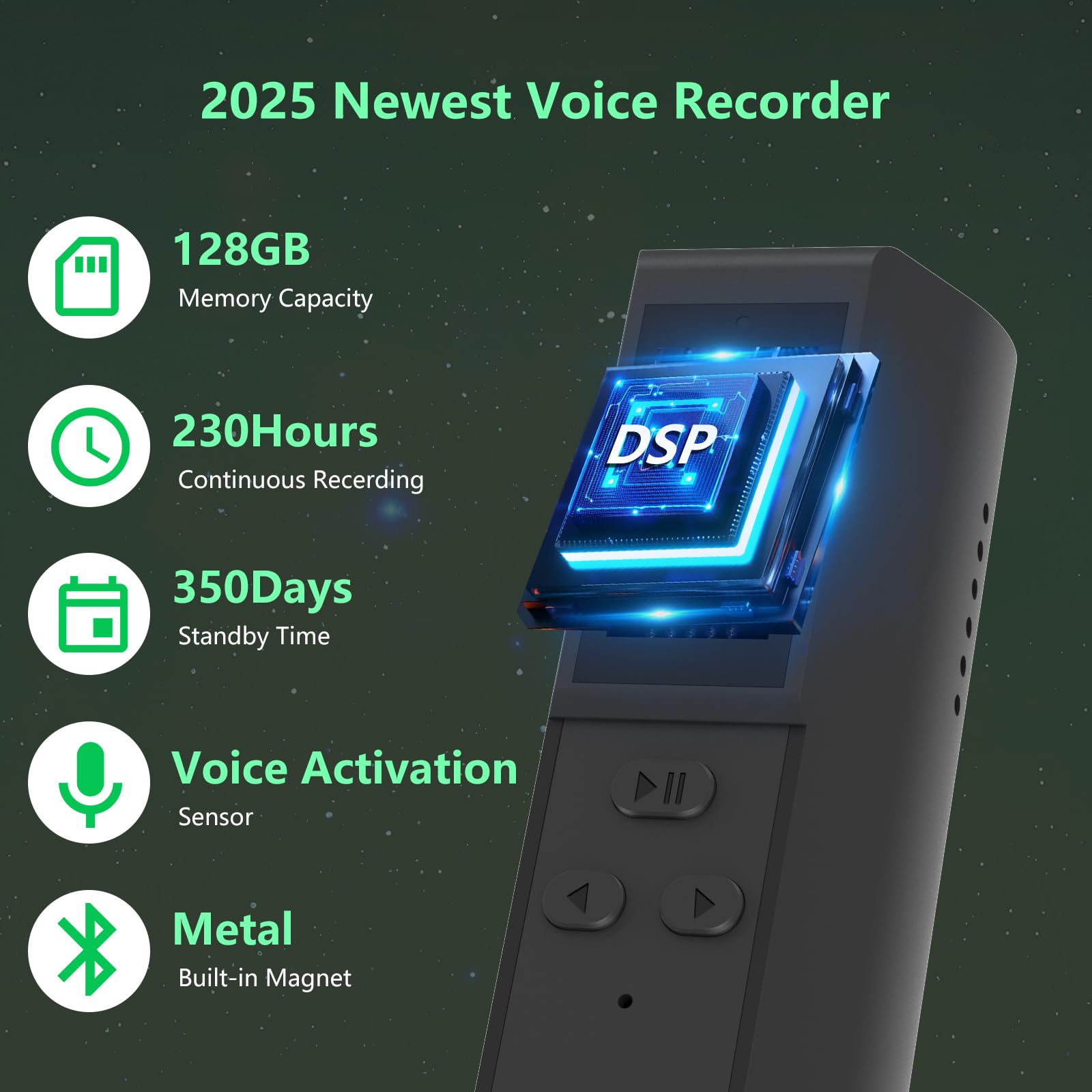 128Gb Digital Voice Recorder With Playback: Magnetic Audio Recorder With Ai Noise Cancellation, 230 Hours Continuous Recording D