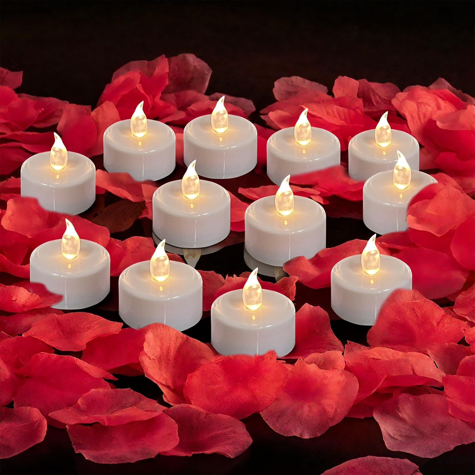 500Pcs Rose Petals with 12LED Tea Lights Candles Set, Red Artificial Rose Petals and Flameless Candles Set for Anniversary, Vale
