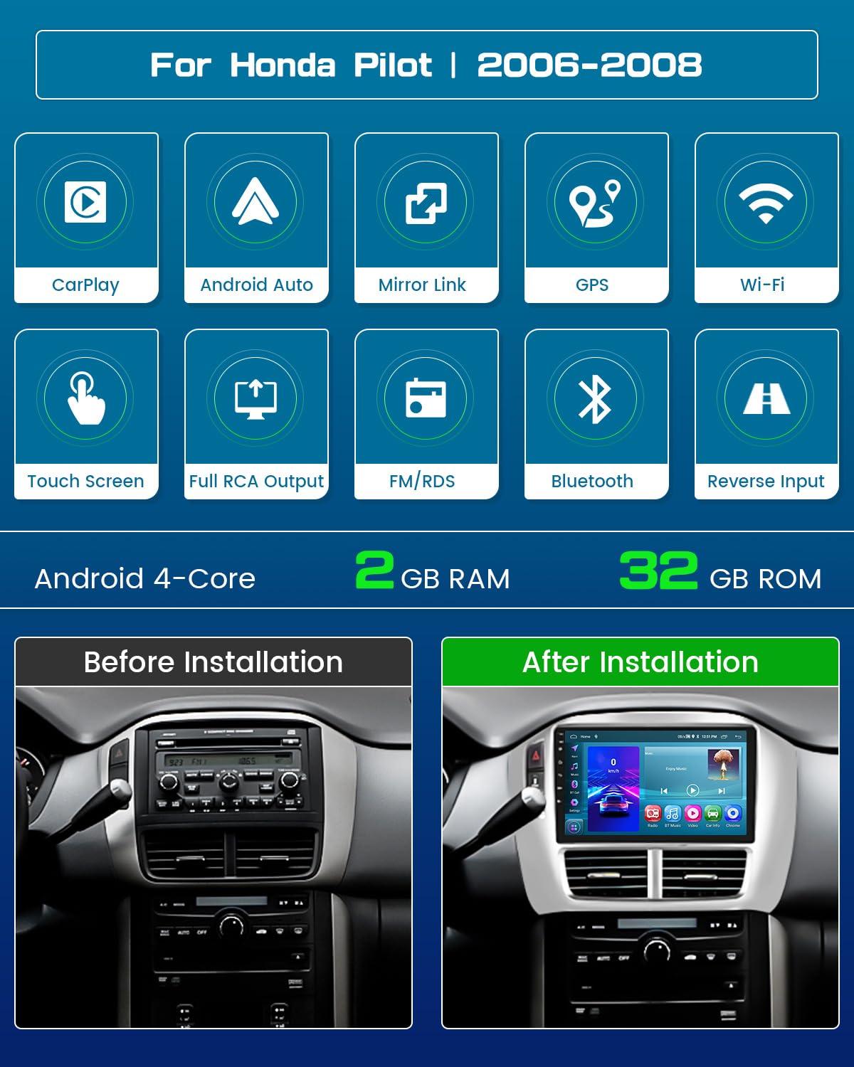 Roinvou [2G+64G] Car Radio For Honda Pilot 2006 2008 With Wireless Carplay/Android Auto, 9 Inch Android 13 Ips Touch Screen Car
