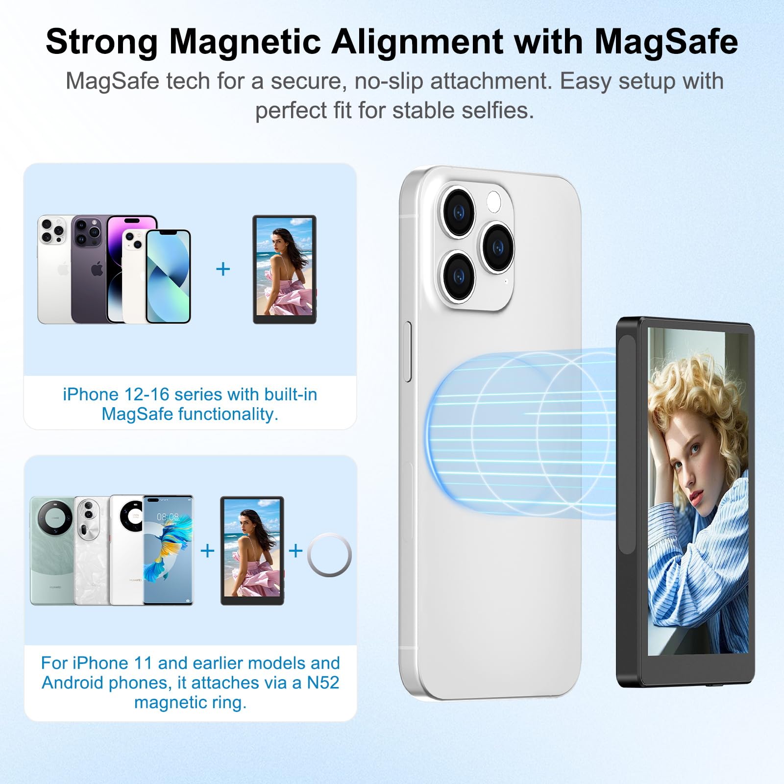 Xbonfire 4'' Magnetic Phone Vlog Selfie Monitor Screen, 4K Wireless Recording, Phone Selfie Monitor Screen Back Camera Monitor F