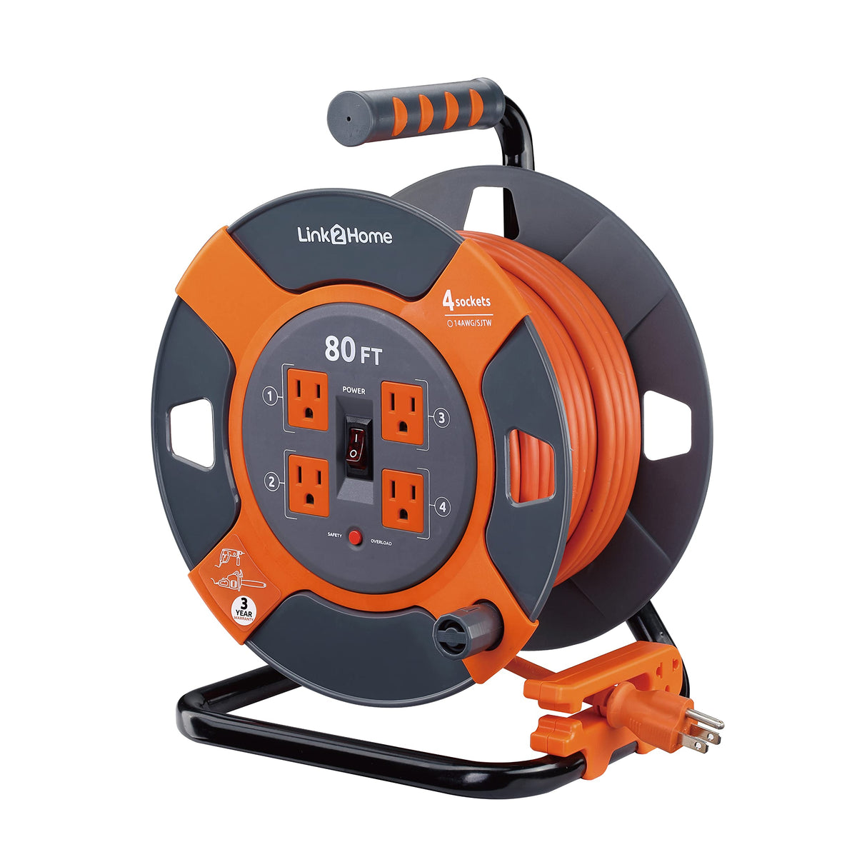 Link2Home Cord Reel 80 Ft. Extension Cord 4 Power Outlets   14 Awg Sjtw Cable. Heavy Duty High Visibility Power Cord.
