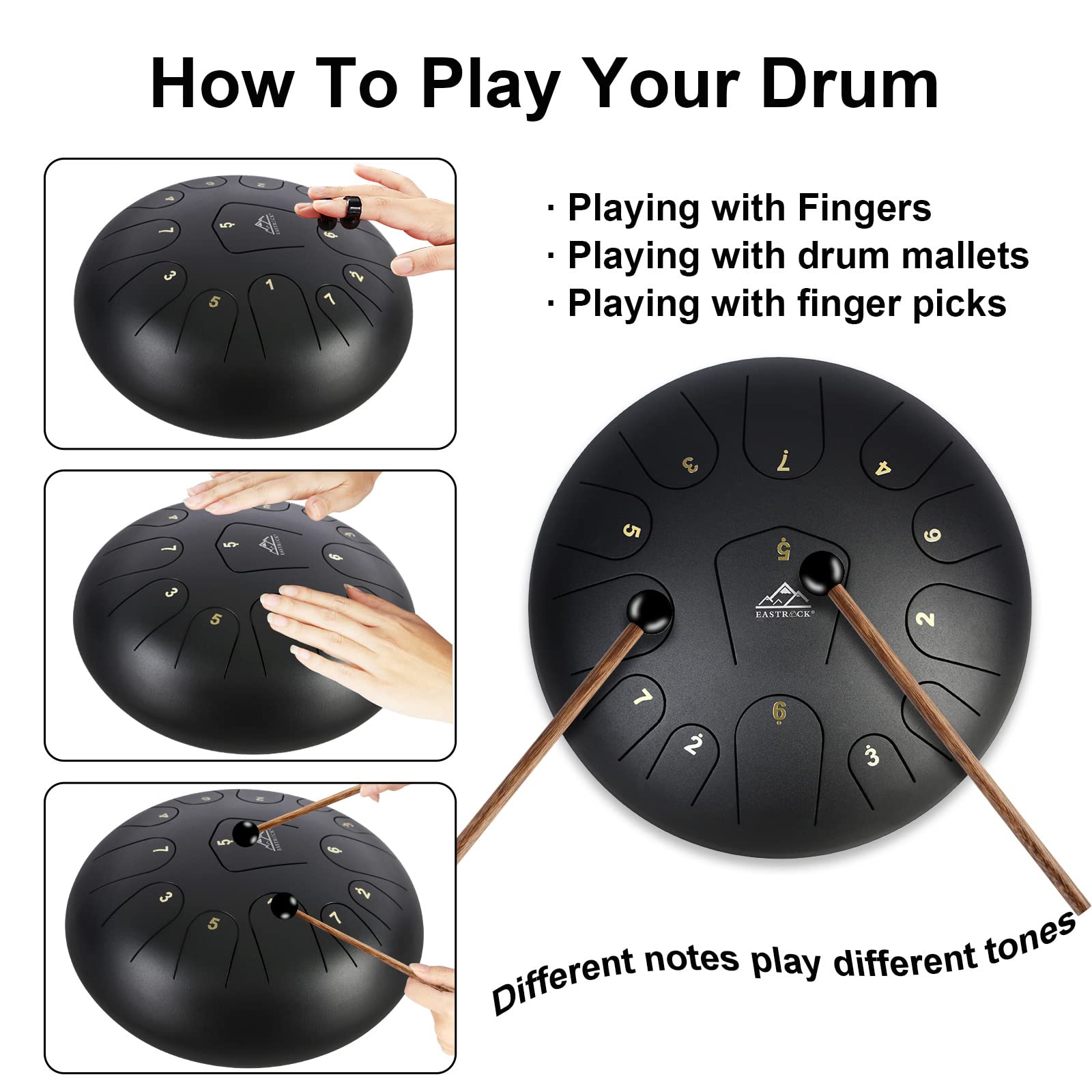 Eastrock Steel Tongue Drum 13 Notes 12 Inches Percussion Instrument Handpan Drum C Key For Meditation Entertainment Concert Yoga