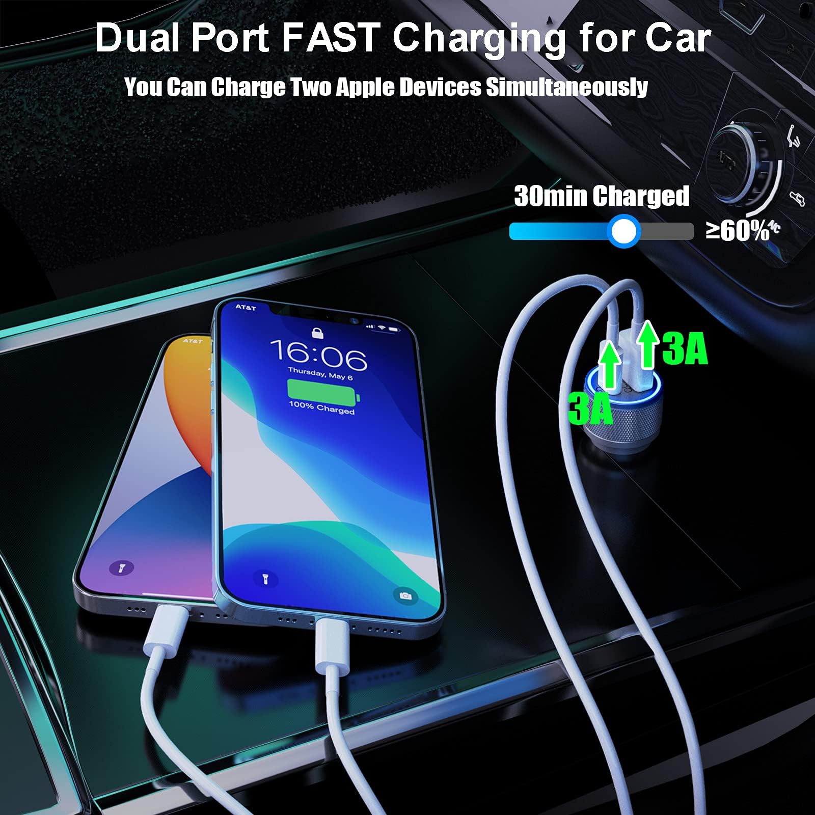 [Apple Mfi Certified] Iphone Fast Car Charger, Veetone 48W Dual Port Usb C Power Delivery All Metal Car Adapter With 2 Pack Ligh