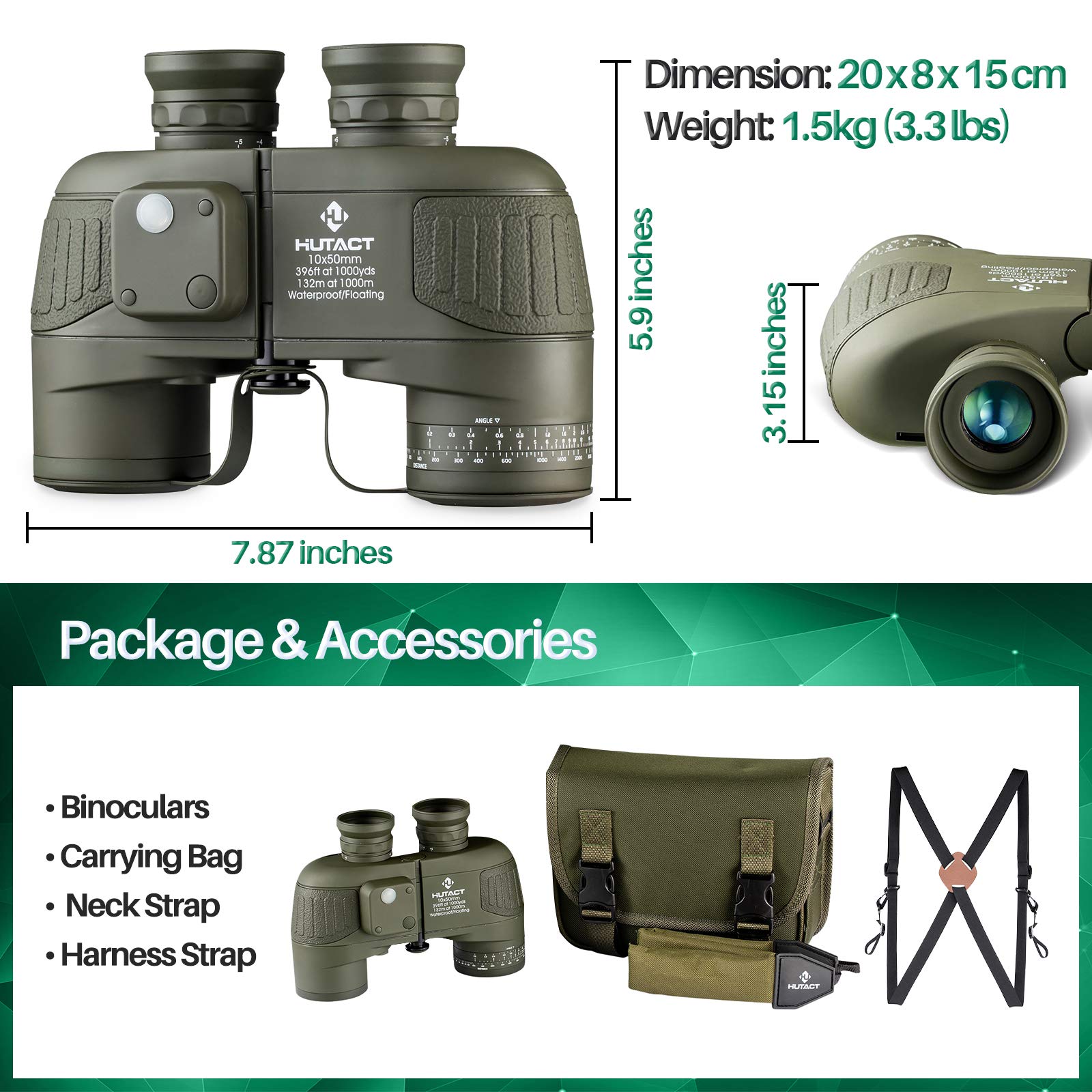 Hutact 10X50 Marine Binoculars For Adults: Professional Binoculars With Rangefinder And Compass, Waterproof Fogproof Bak4 Fmc Le