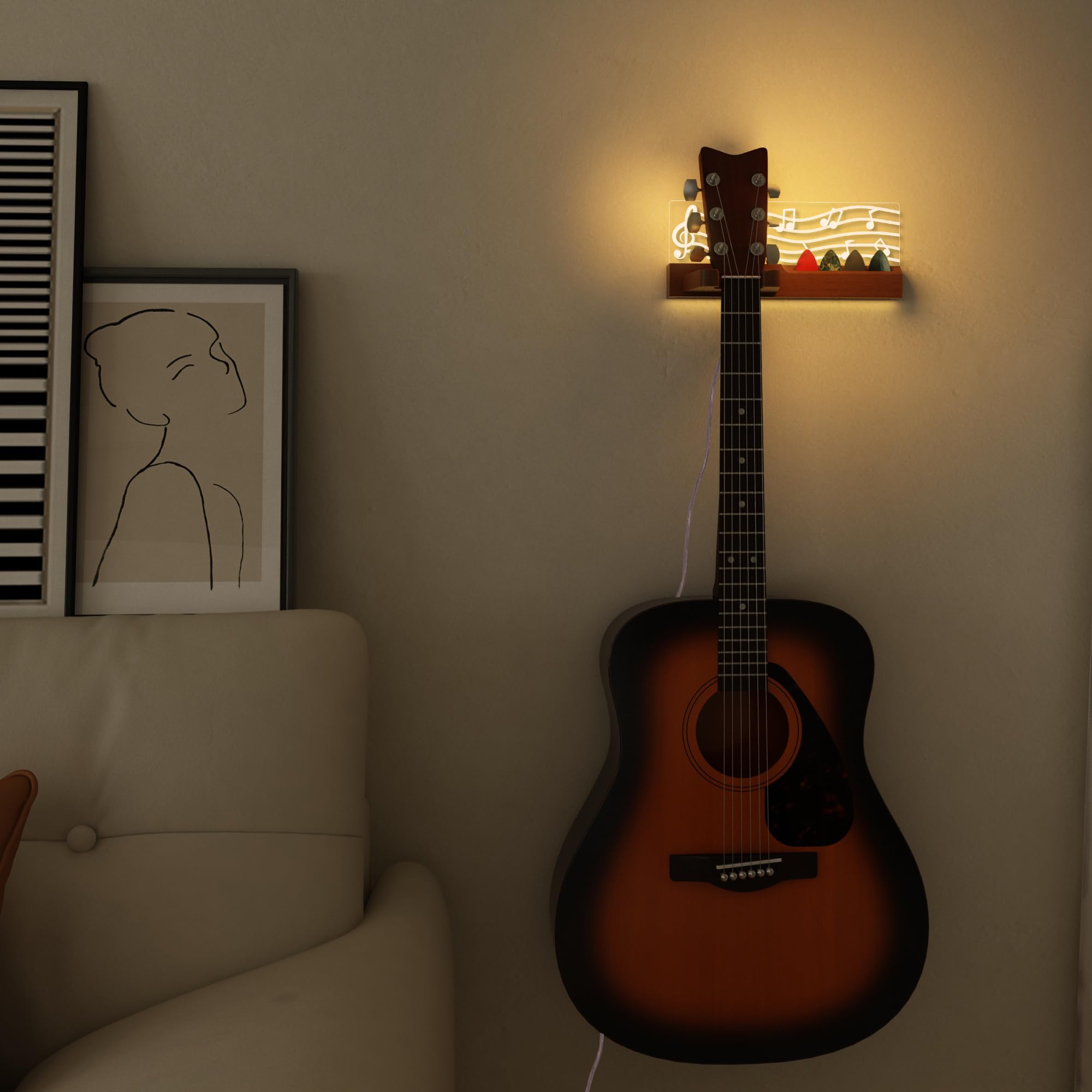 Coolgift Mart Light Up Guitar Stand Wall Mount, Solid Wood Guitar Hanger Shelf With Pick Holder, For Acoustic Electric Bass Ukul