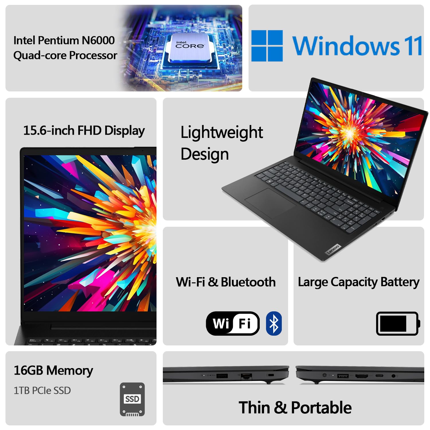 Lenovo Newest 15.6'' Fhd Laptop, Intel Pentium N6000 Quad Core Processor, 16Gb Memory, 1Tb Ssd Storage, Ethernet Port, Hdmi, Usb