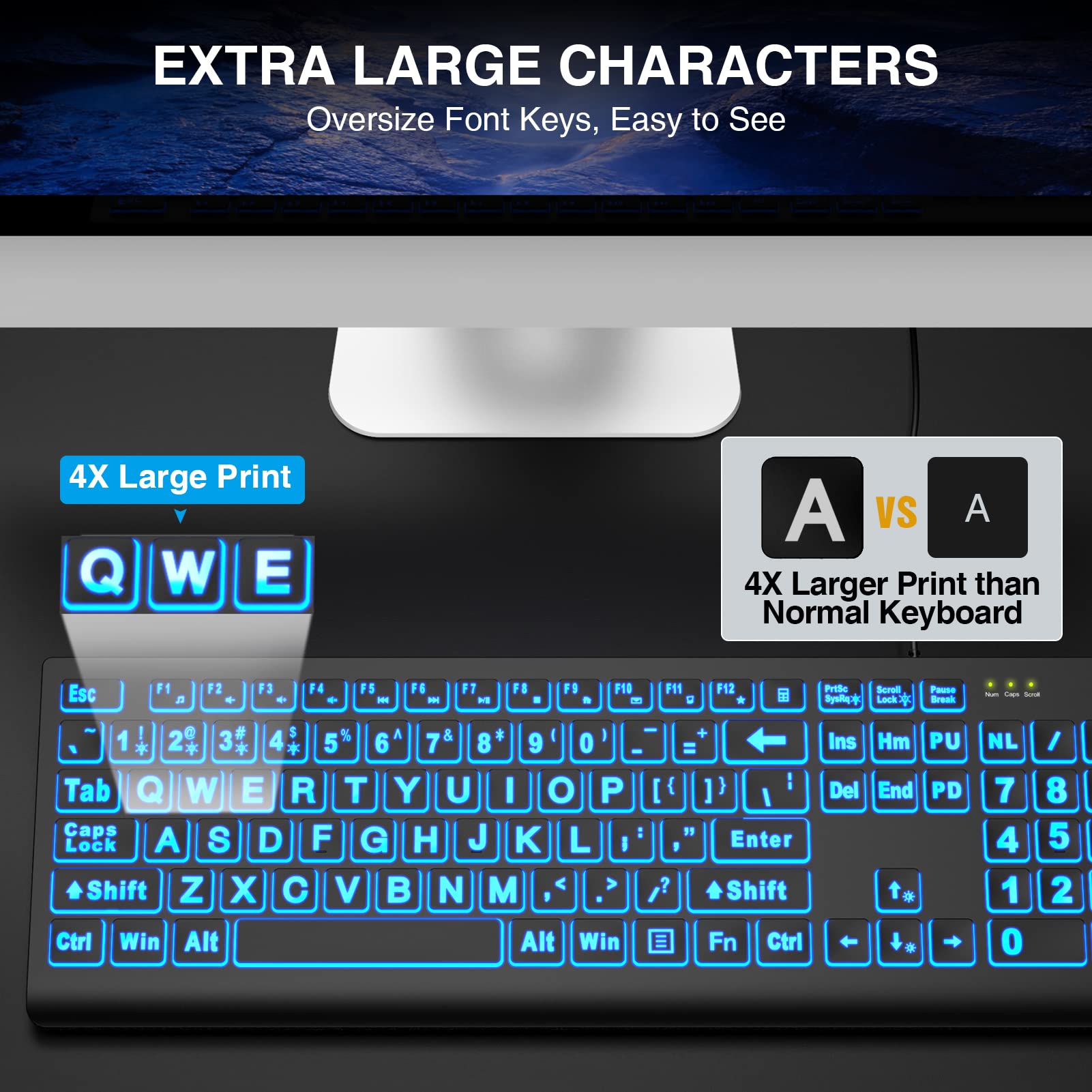 SABLUTE Large Print Backlit Keyboard K11 Pro, Wired USB, 7-Color Lighted, Oversize Letters, Black