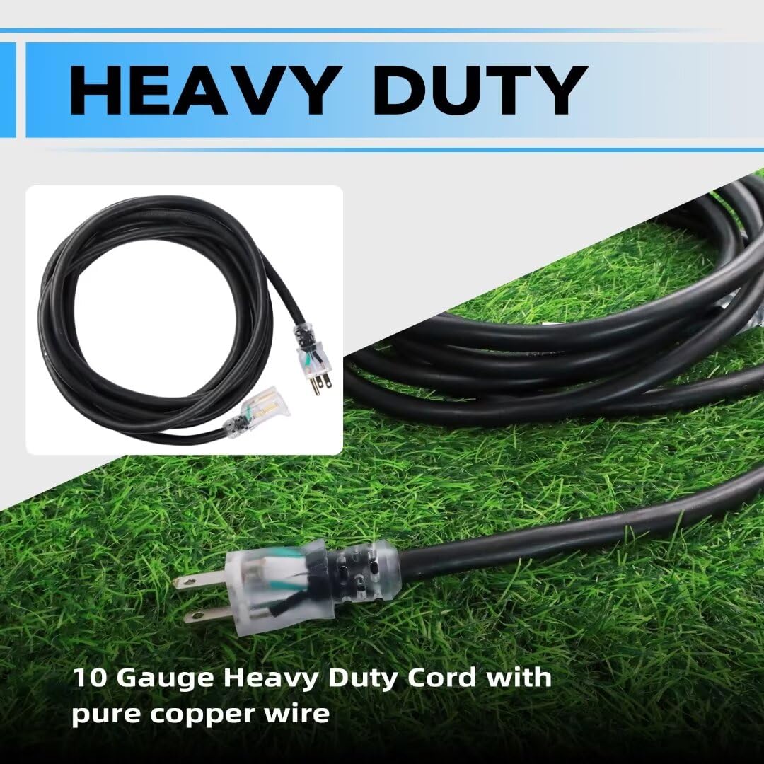 Greatide 10 Ft Lighted Outdoor Extension Cord   10/3 Sjtw Heavy Duty Black Extension Cable With 3 Prong Grounded Plug For Safety