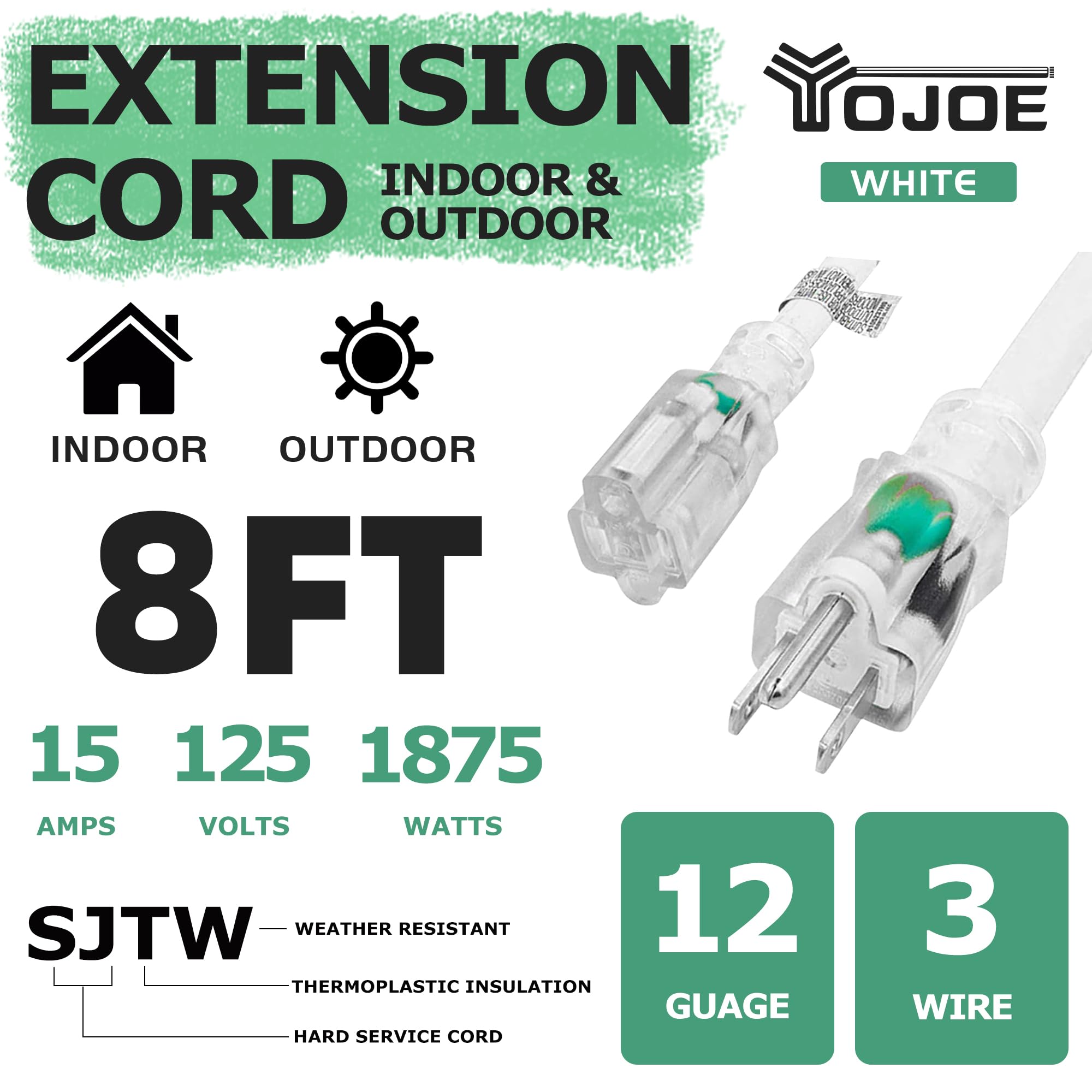 Yojoe Indoor Outdoor Extension Cord With Lighted End, 3 Prong 15A Weatherproof Power Extension Cord, 12 Gauge Heavy Duty 8 Ft Wh