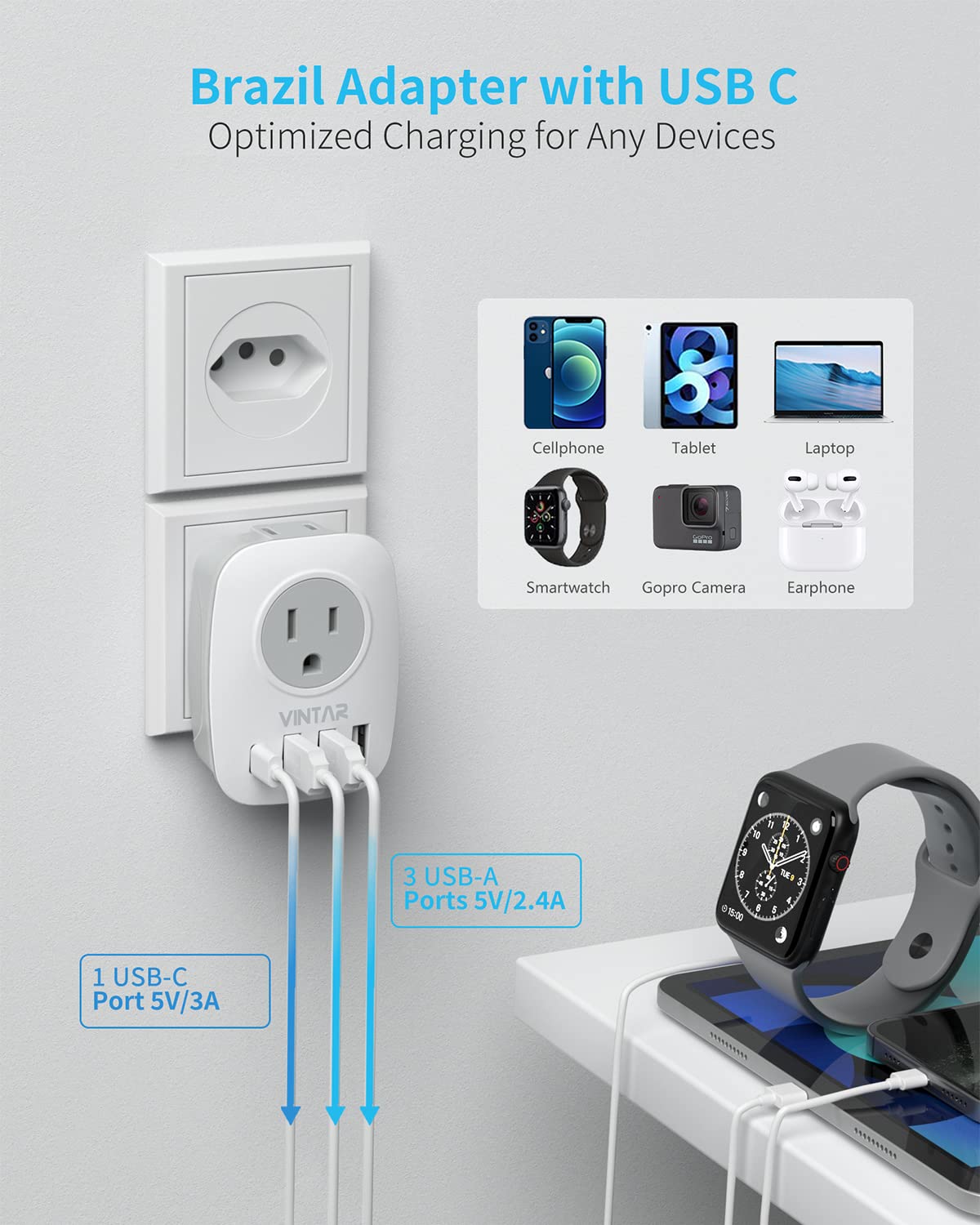 Brazil Adapter Plug,Vintar Type N Plug Adapter With 1 Usb C,3 Usb Ports And 2 American Outlets,6 In 1 Brazil Power Adapter For U
