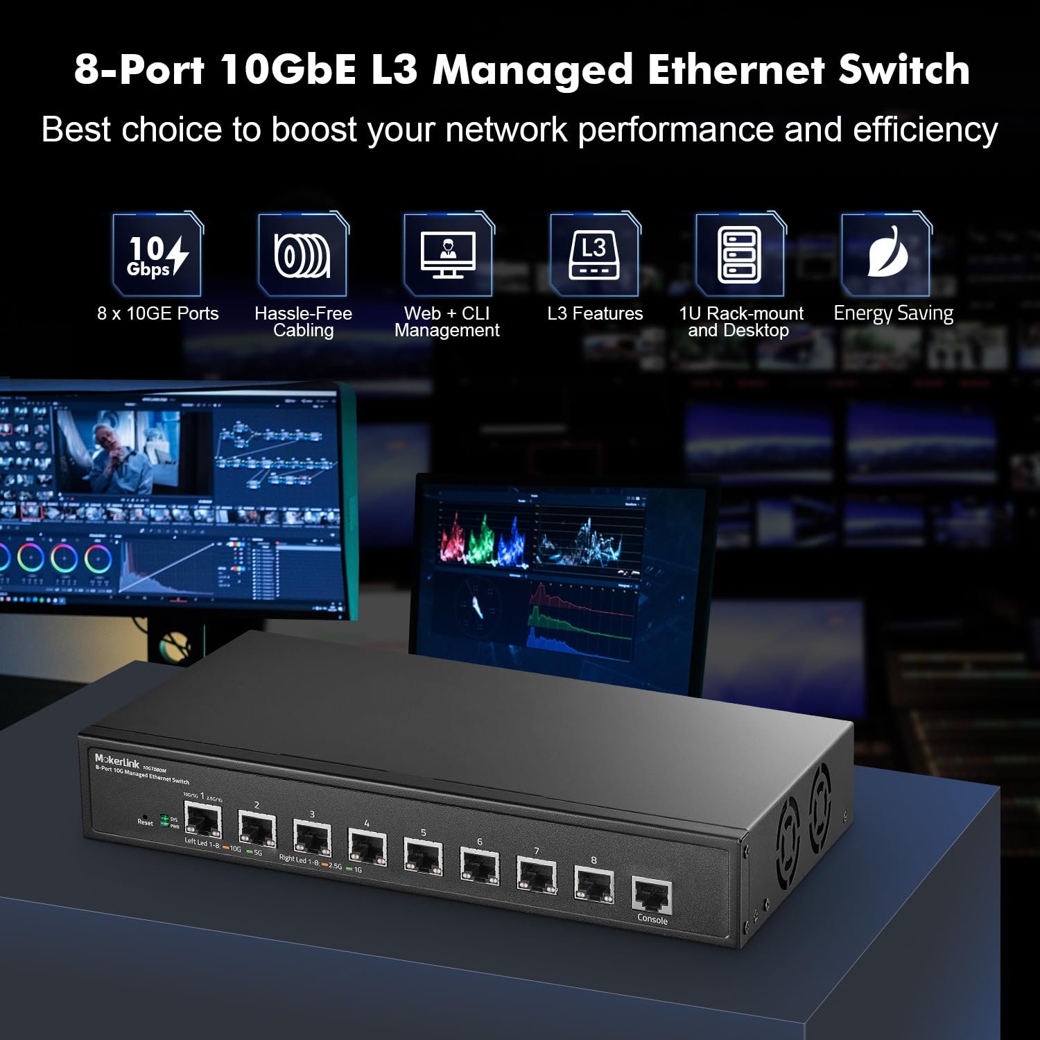 Mokerlink 8 Port 10G Managed Ethernet Switch, 10G/5G/2.5G/1G Auto Adaptive, L3 Web/Cli Managed, Metal Desktop|Rackmount Network