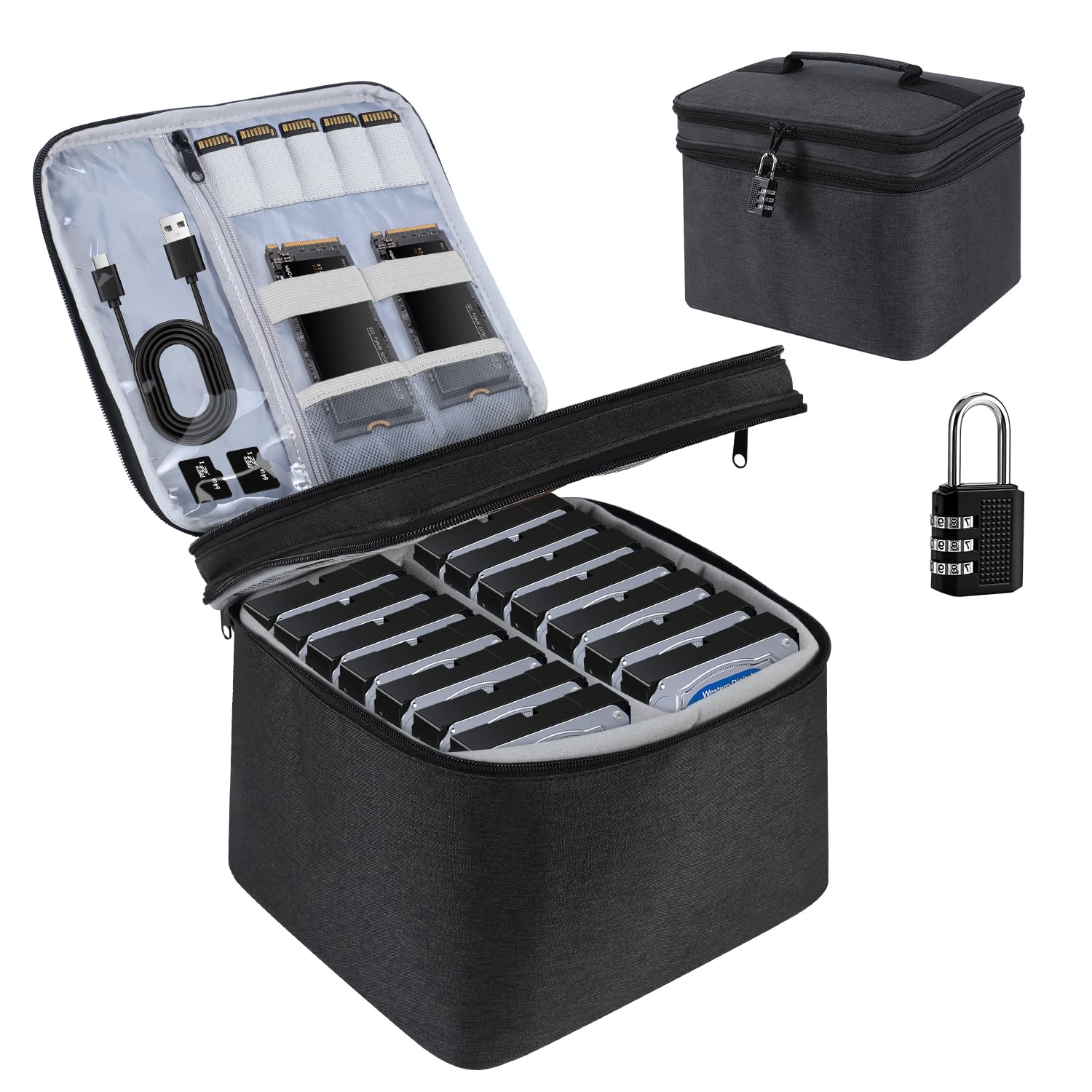 Crisinant Hard Drive Case,14 Bay Protective Storage Bag For 3.5Inch Hdd, Large Capacity Storage Box With Lock,Portable External Ha