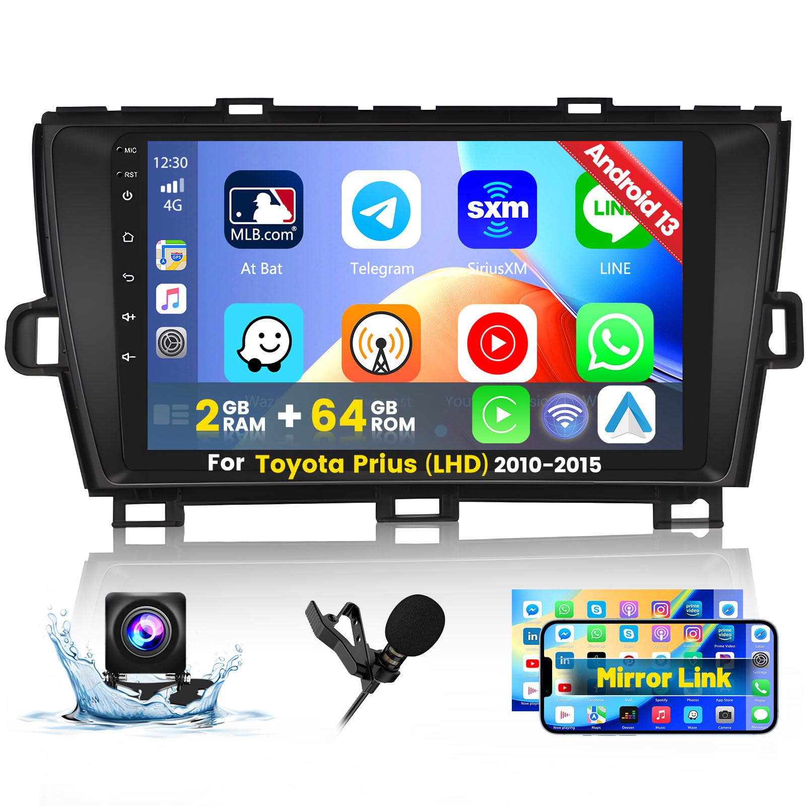 Roinvou 2+64G Android Carplay Stereo For 2010 2015 Toyota Prius(Lhd), Built In Wireless Carplay With Android Auto, 9'' Touchscre