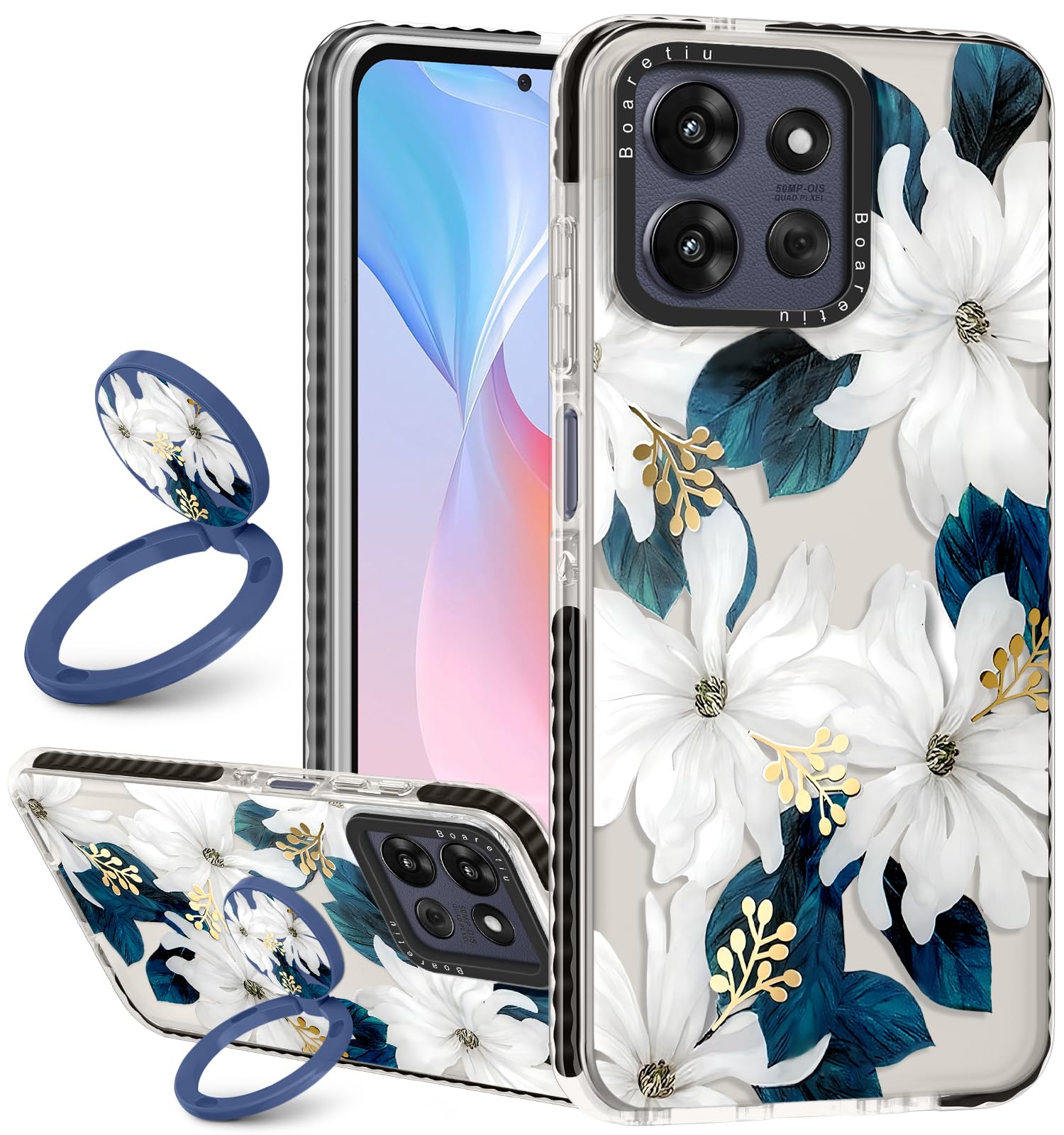 Boaretiu for Motorola Moto G Power/Play 2025 Case - with Stand Cute Kawaii Fashion 360 Rotate Ring Holder Kickstand Blue Flower 