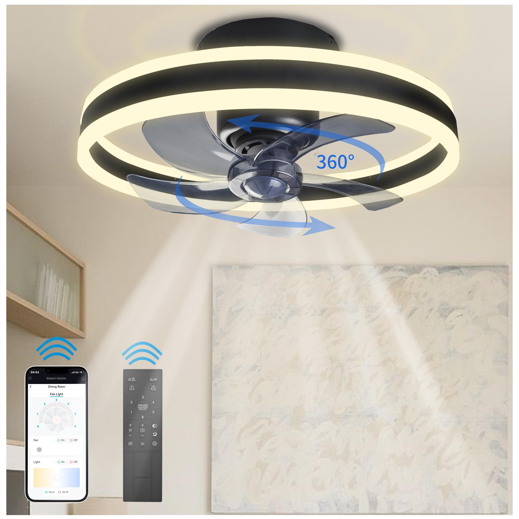360 Oscillating Low Profile Ceiling Fan with Light(Ventilador de Techo Con Luz),Rotating Remote and APP Bluetooth Control,Modern