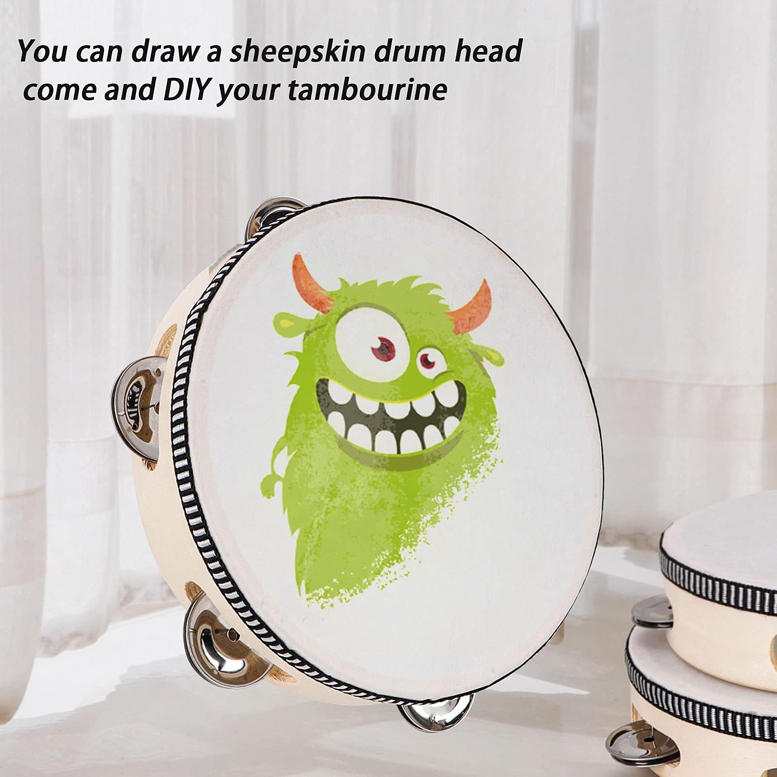 Dreokee Tambourines For Adults, 6 Inch Wooden Hand Held Drum Bell Tamborine With Birch Metal Jingles Single Row Percussion Music