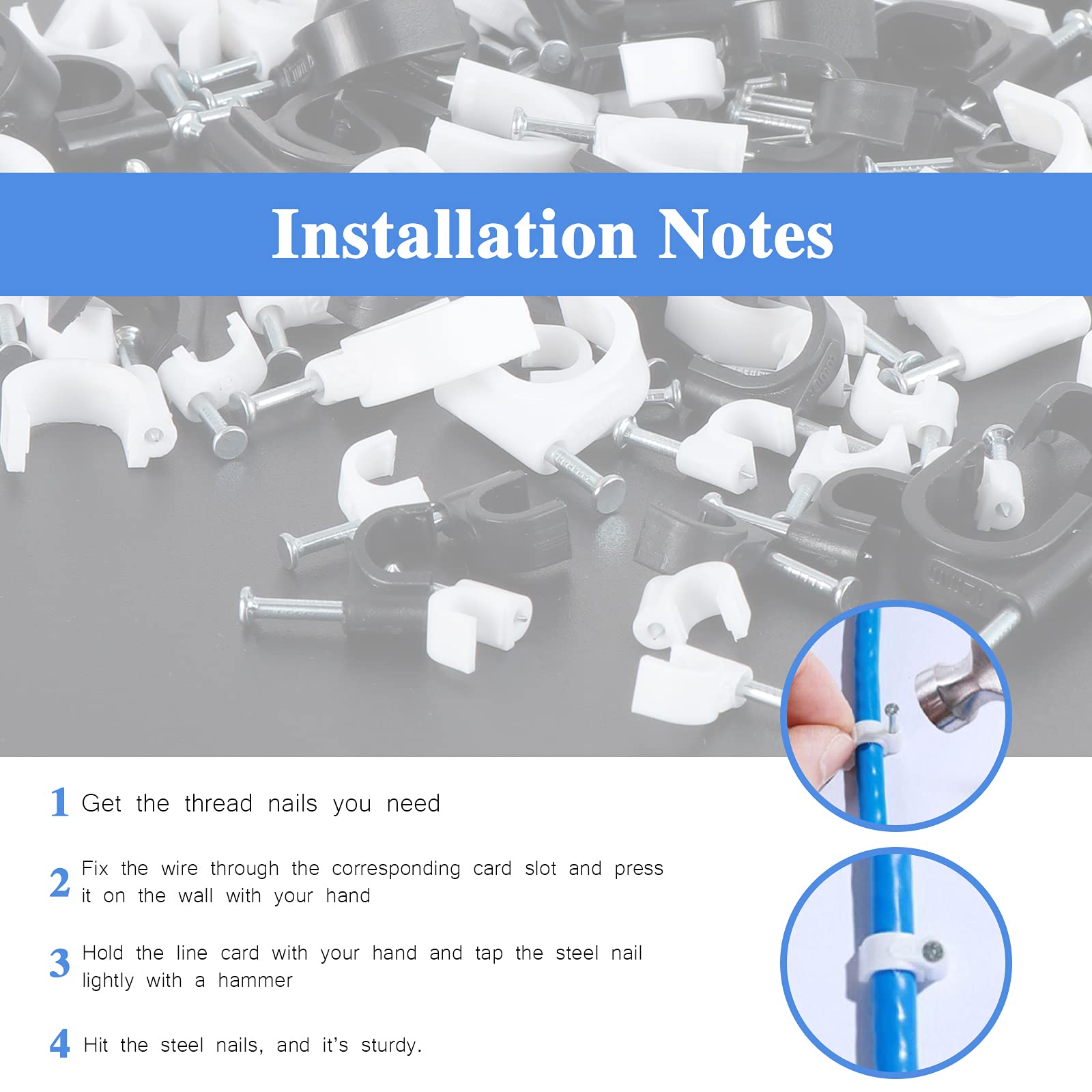 Ocr 600Pcs Cable Clips With Steel Nail, Round Wire Clips Black White Assortment 4Mm 5Mm 6Mm 7Mm 8Mm 10Mm 12Mm Cable Management R