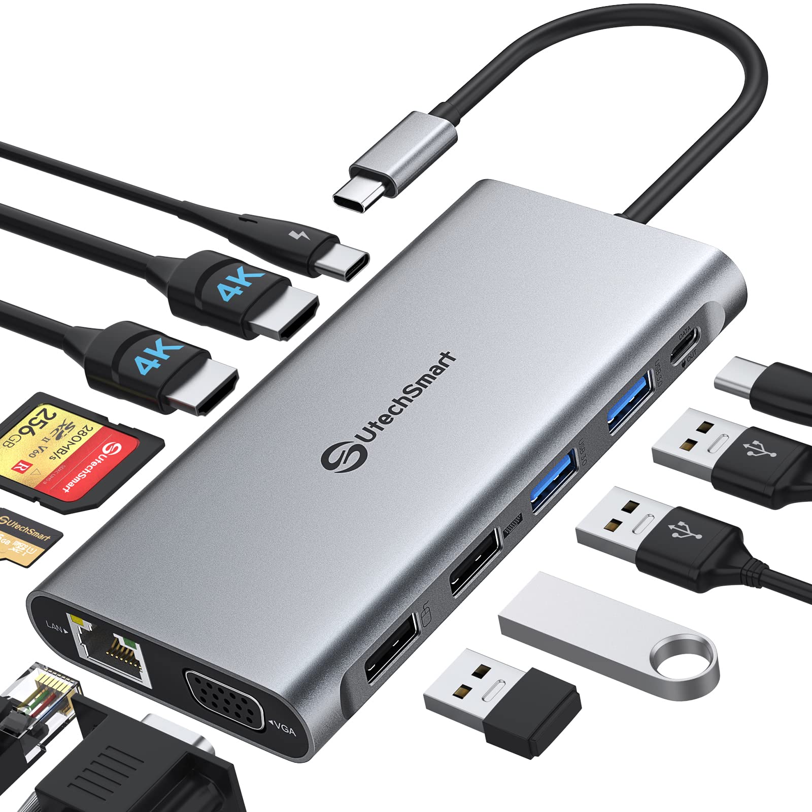 Utechsmart Usb C Docking Station Triple Monitor   Universal Laptop Docking Station 12 In 1 For Thunderbolt 3/4, Usb C Dock With Usb 3.0 And 4K Hdmi For Macbook Pro/Air/M1/M2 & Windows Gray