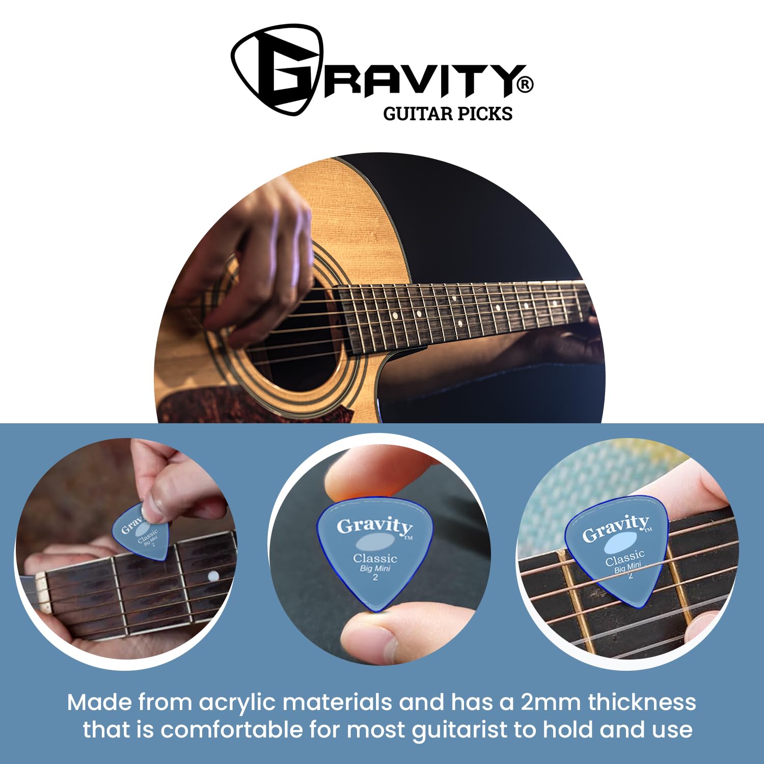 Gravity Picks Classic Guitar Pick   2.0Mm Blue  Polished W/Elipse Grip Hole