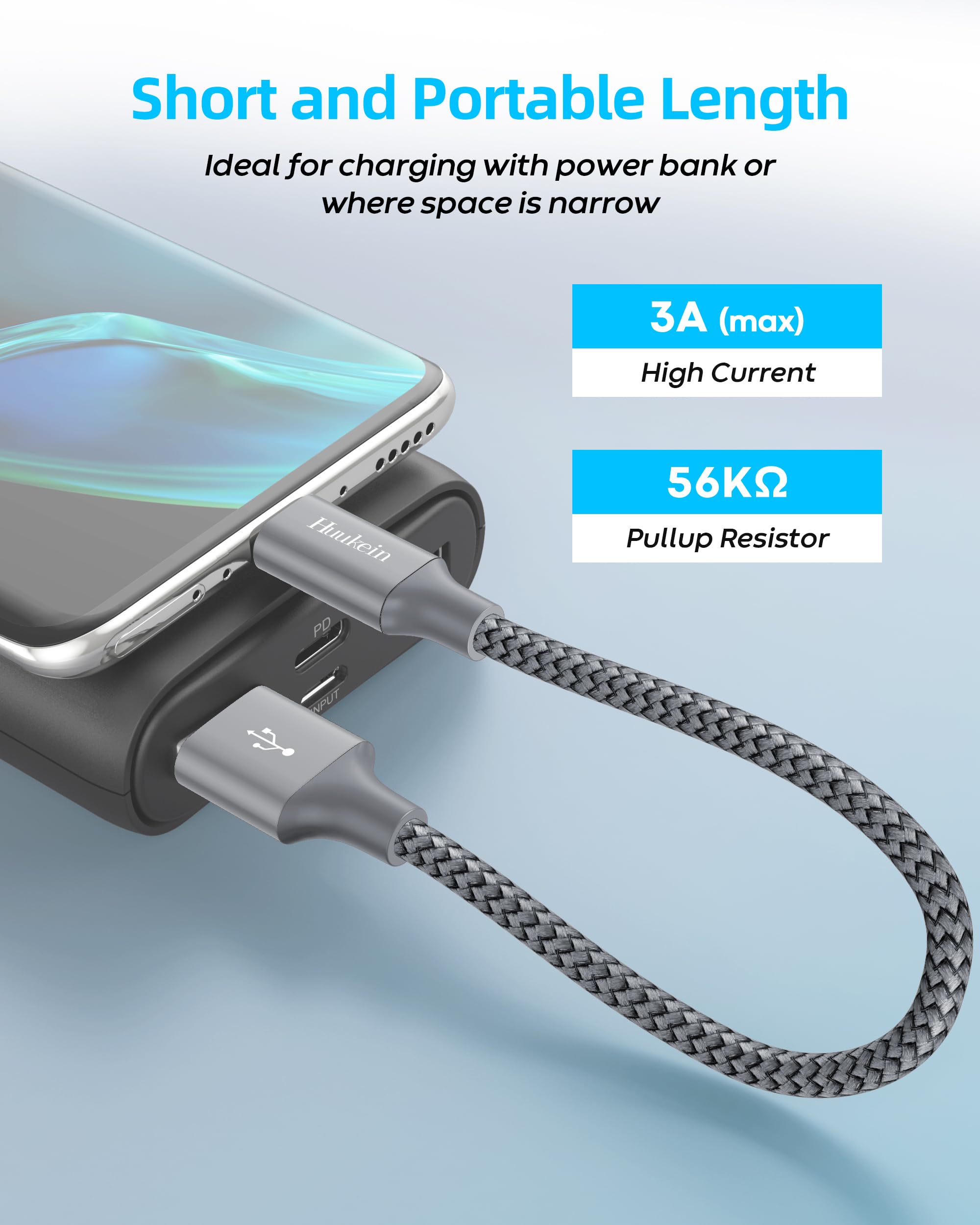 Huukein Fast Charging USB C Cable USB A to Type C Braided Nylon Grey 1ft (2-Pack)