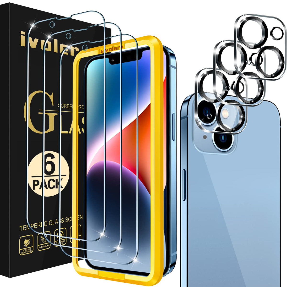 Ivoler [3+3 Pack] Tempered Glass For Iphone 14 Plus 6.7'' [3 Pack] With [3 Pack] Camera Lens Screen Protector With [Alignment Fr