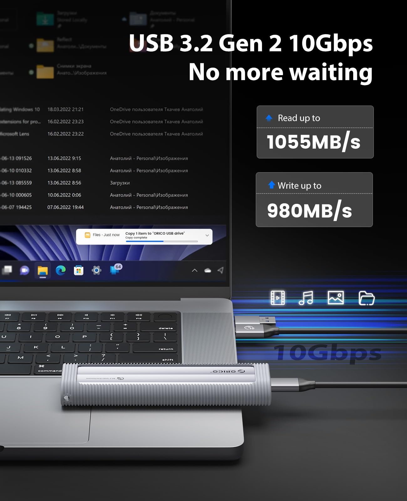 ORICO Aluminum M.2 NVMe SSD Enclosure, USB 3.2 Gen 2(10Gbps ) to Tool Free NVMe PCI E M.2 SSD Case, Support UASP for M/B&M Keys Size 2230/2242/2260/2280