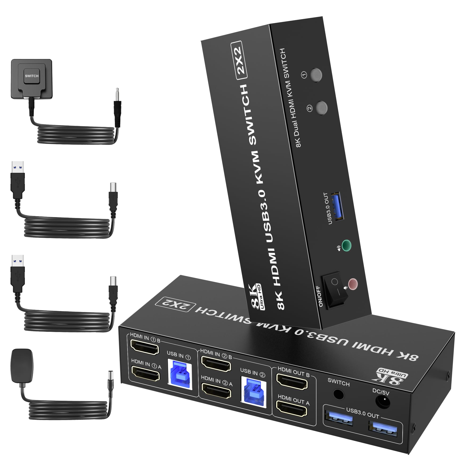 8K@60Hz Usb3.0 Dual Monitor Hdmi Kvm Switch 2Port, Hdmi Kvm Switch For 2Monitors 2Computers With 3Usb3.0 Ports, Extended Display