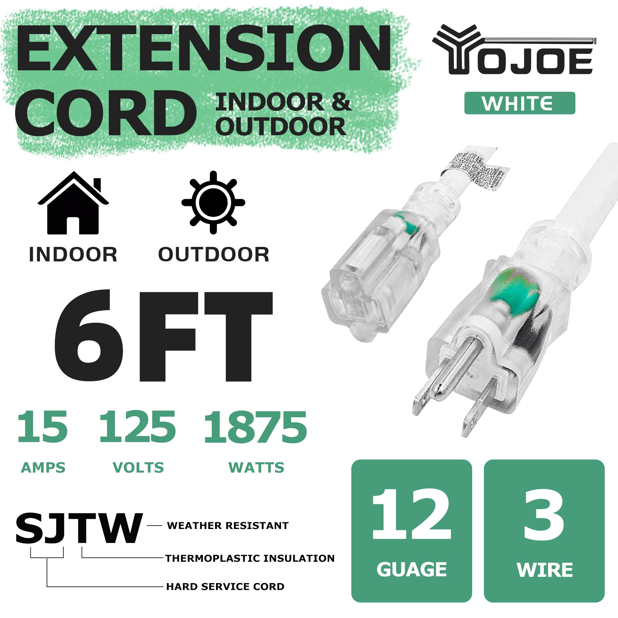 Yojoe Indoor Outdoor Extension Cord With Lighted End, 3 Prong 15A Weatherproof Power Extension Cord, 12 Gauge Heavy Duty 6 Ft Wh