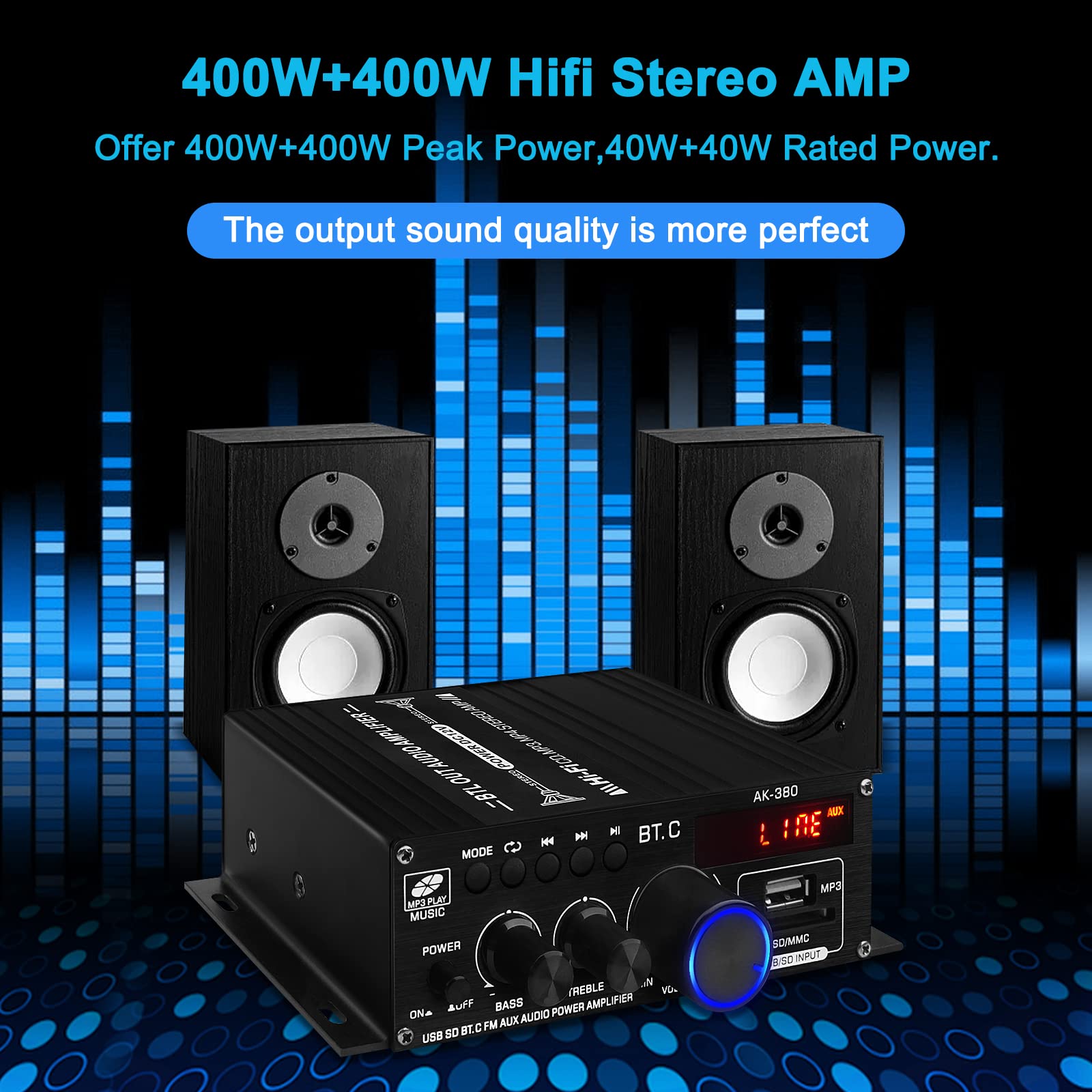 Ak 380 Usb Sd Bt.C Fm Aux Audio Power Amplifier 400W+400W 2.0 Ch Hifi Stereo Amp Speaker Bluetooth 5.0 Amp Receiver With 12V 5A