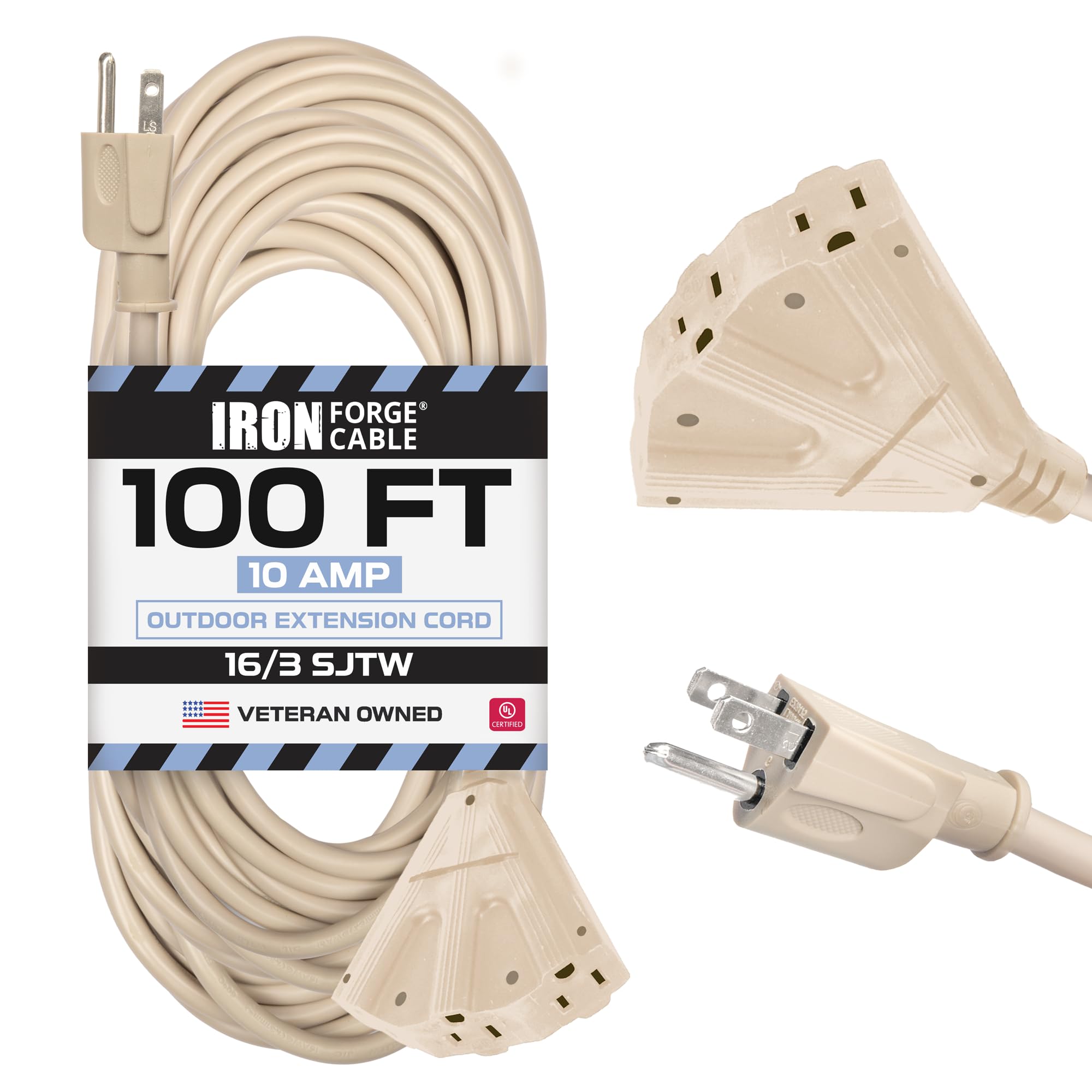 Iron Forge Cable Beige Outdoor Extension Cord 100 Ft 3 Outlet, 16 Gauge Heavy Duty Power Extension Cords With Multiple Outlets  