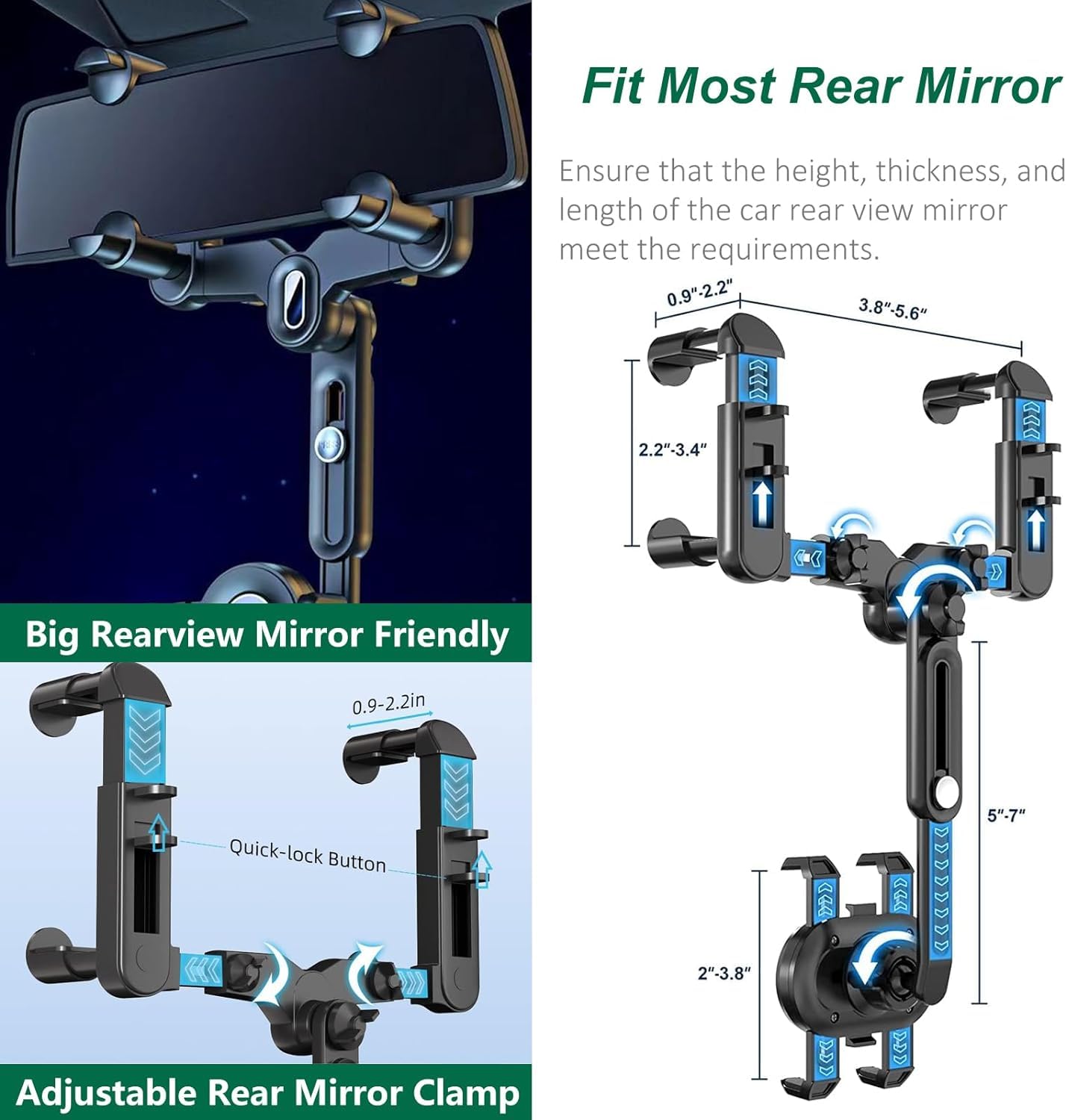 Ilkcc Rearview Mirror Phone Holder For Car, 360 Rotating And Retractable Multifunctional Rear View Phone Mount, Upgraded Four Co