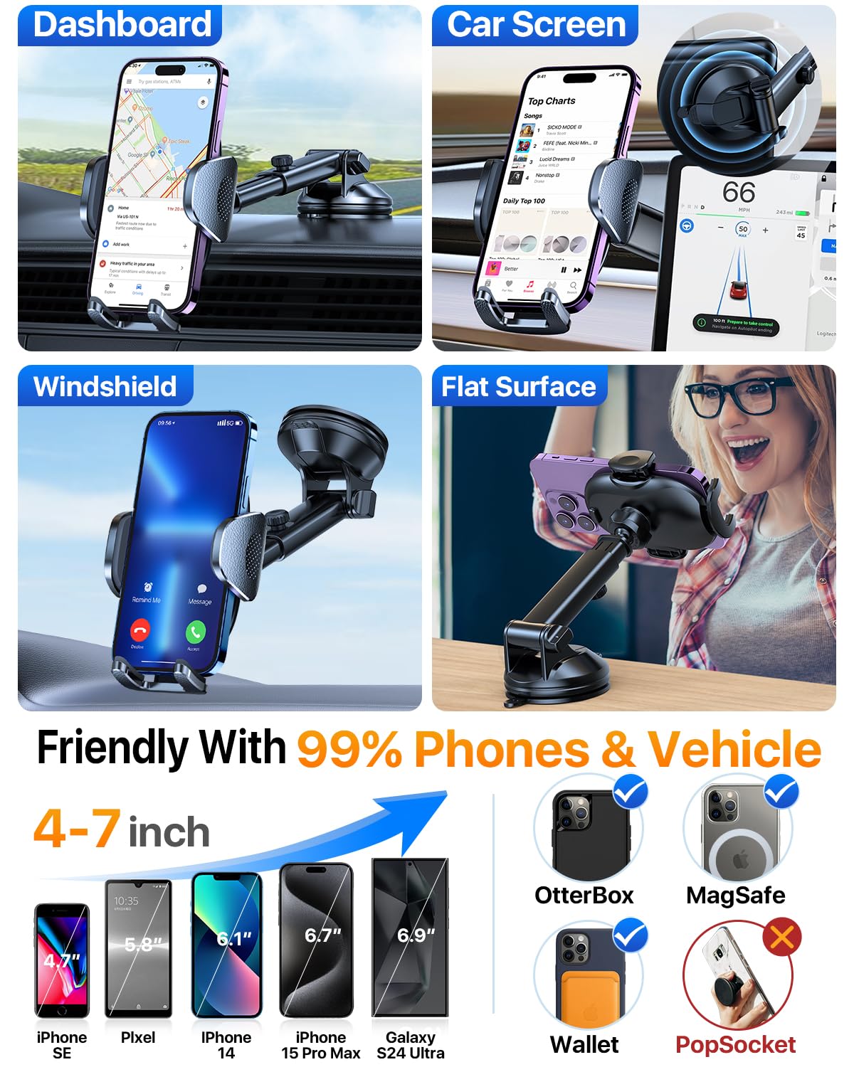 Yru [2025 Upgraded Universal Car Phone Holder Mount? 360 Rotatable&Strong Suction? Cell Phoneholder Car Dashboard Windshield Pho