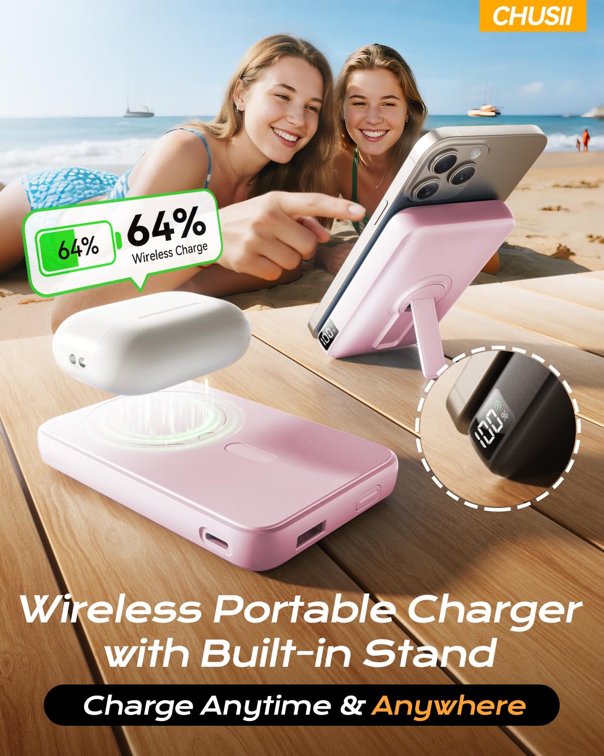 For Magsafe Portable Charger, 12000Mah Wireless Magnetic Power Bank With Stand And Pd 20W Fast Charging, For Magsafe Battery Pac