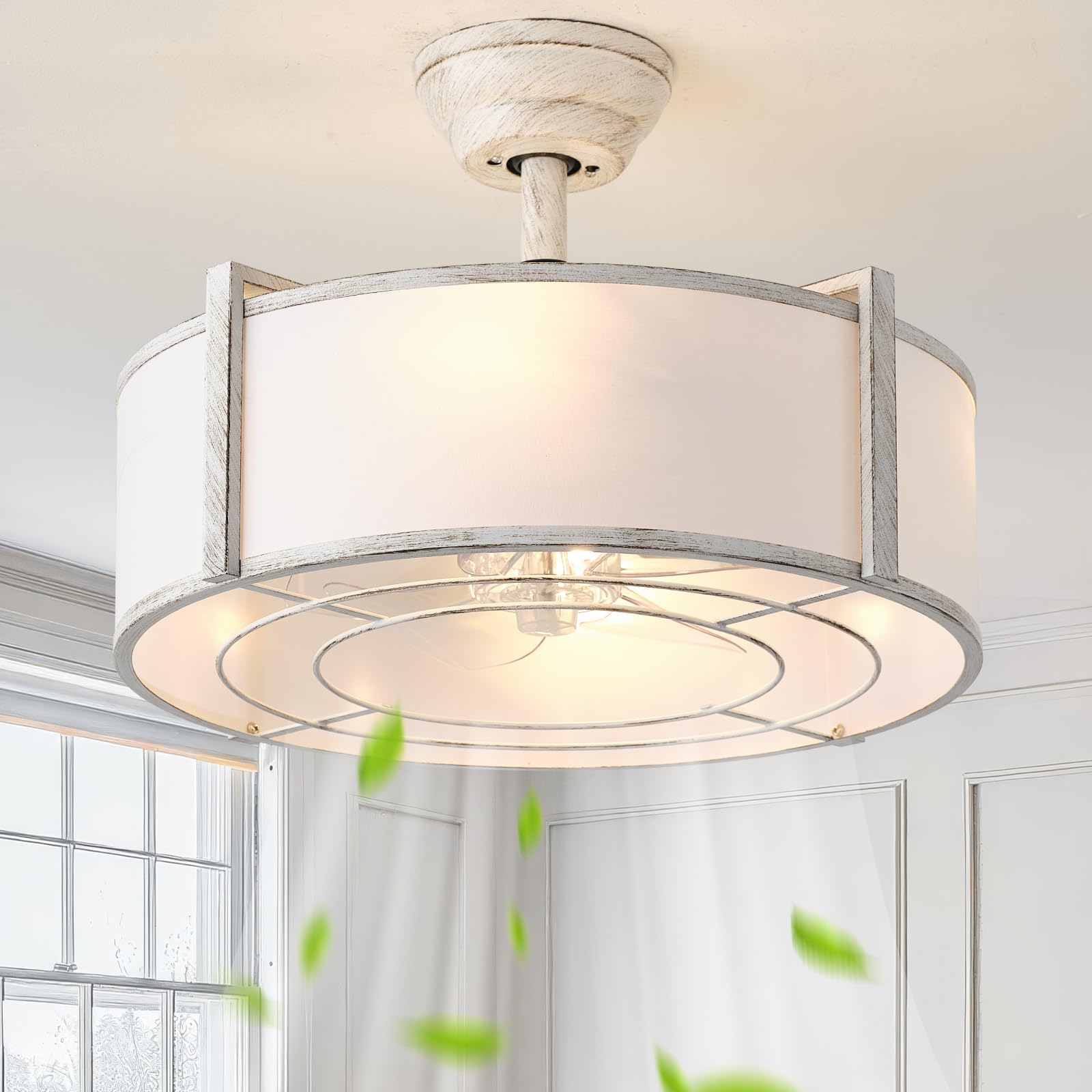 YMKSKJ 20 White Fandelier Ceiling Fans with Lights, Boho Rattan Ceiling Fan with Light Remote Control, Caged Mid-Century Modern 