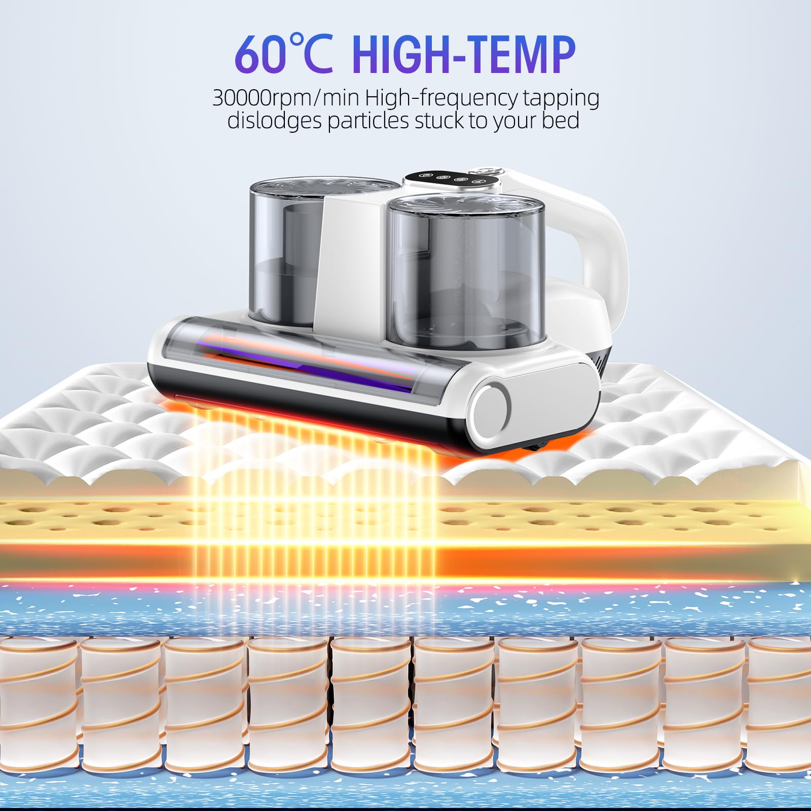 Bed Vacuum Cleaner Mattress Vacuum With Uv 16Kpa Suction Hepa Filter 253.7Nm Uv C Light & 30000 Rpm/Min Brushroll Rotation & Hea