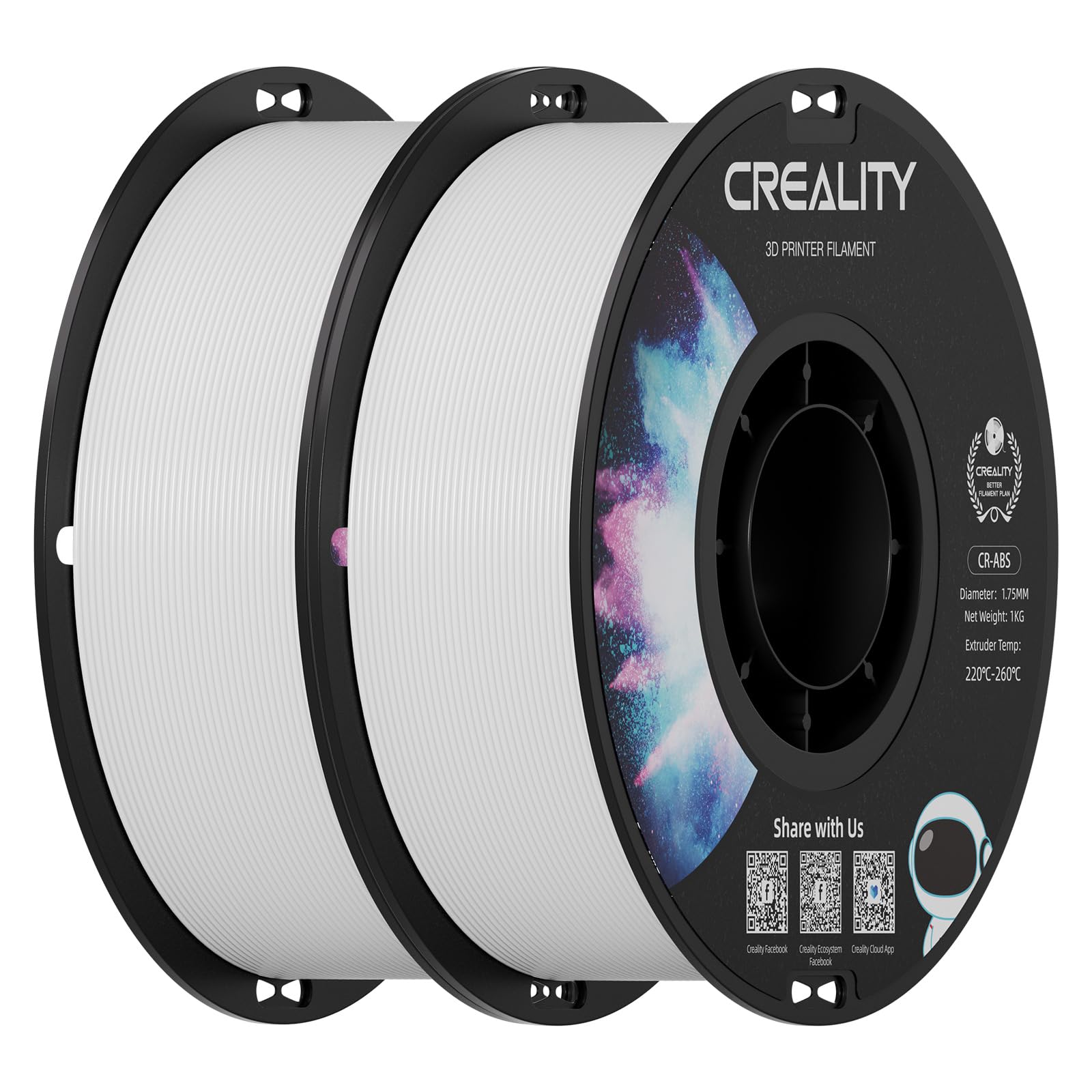 Creality ABS Filament 1.75mm White 2 kg, 3D Printer Filament Bundle, Excellent Resistance, Odorless Non-Toxic, Stability, Tough,