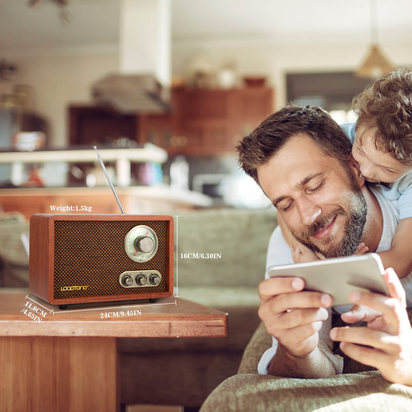 Looptone Usb Sd Multifunction Am Fm Vintage Radio With Bluetooth Speaker,Retro Wood Table Radio For Kitchen Living Room With Rot