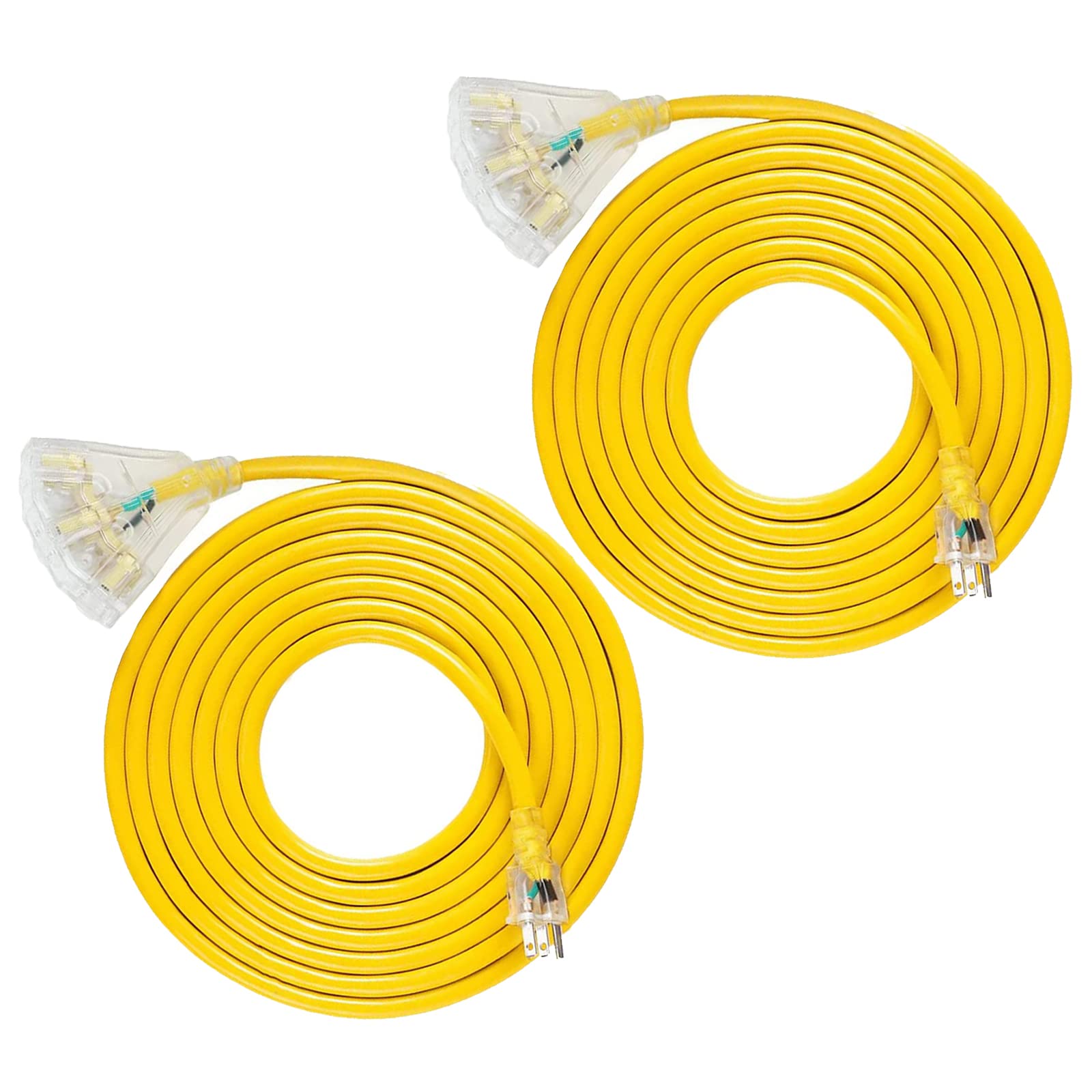 Ep 2 Pack 25 Ft Lighted Outdoor Extension Cord With 3 Electrical Power Outlets   12/3 Sjtw Heavy Duty Yellow Extension Cable Wit
