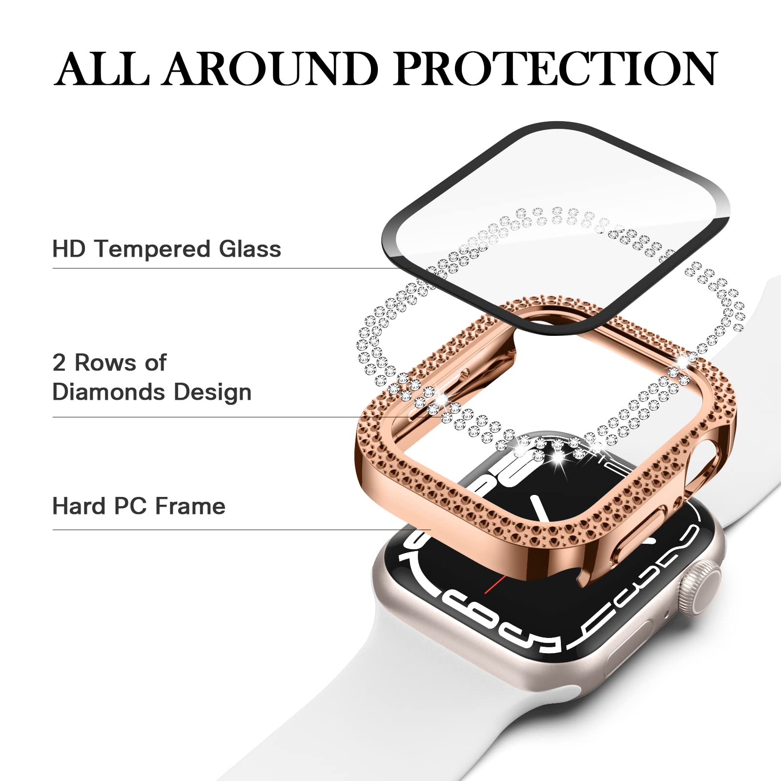 Adepoy For Apple Watch Case Series 7/8 45Mm With Tempered Glass Screen Protector, Double Bling Case Crystal Diamonds Rhinestone