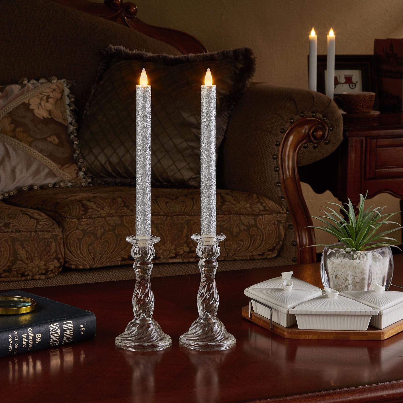 Cozierglow Glitter Silver 9 Inch Battery Operated 3D Moving Flame Taper Candles With Remote And Timer, Pack Of 2