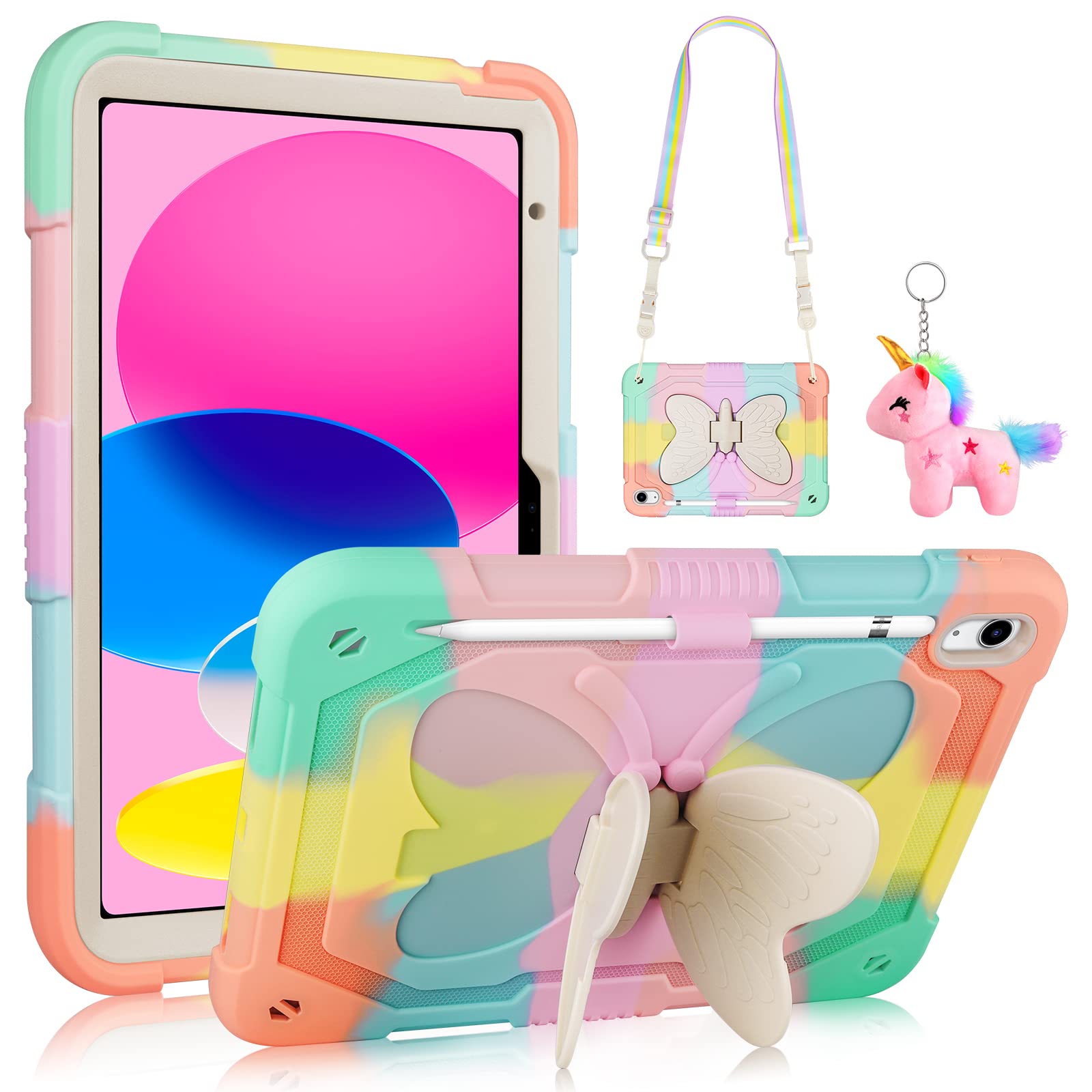 Vofuoe For Ipad 10Th Generation Case 2022 For Ipad 10.9 Case For Kids Girls With Butterfly Wings Kickstand Pencil Holder Shoulde