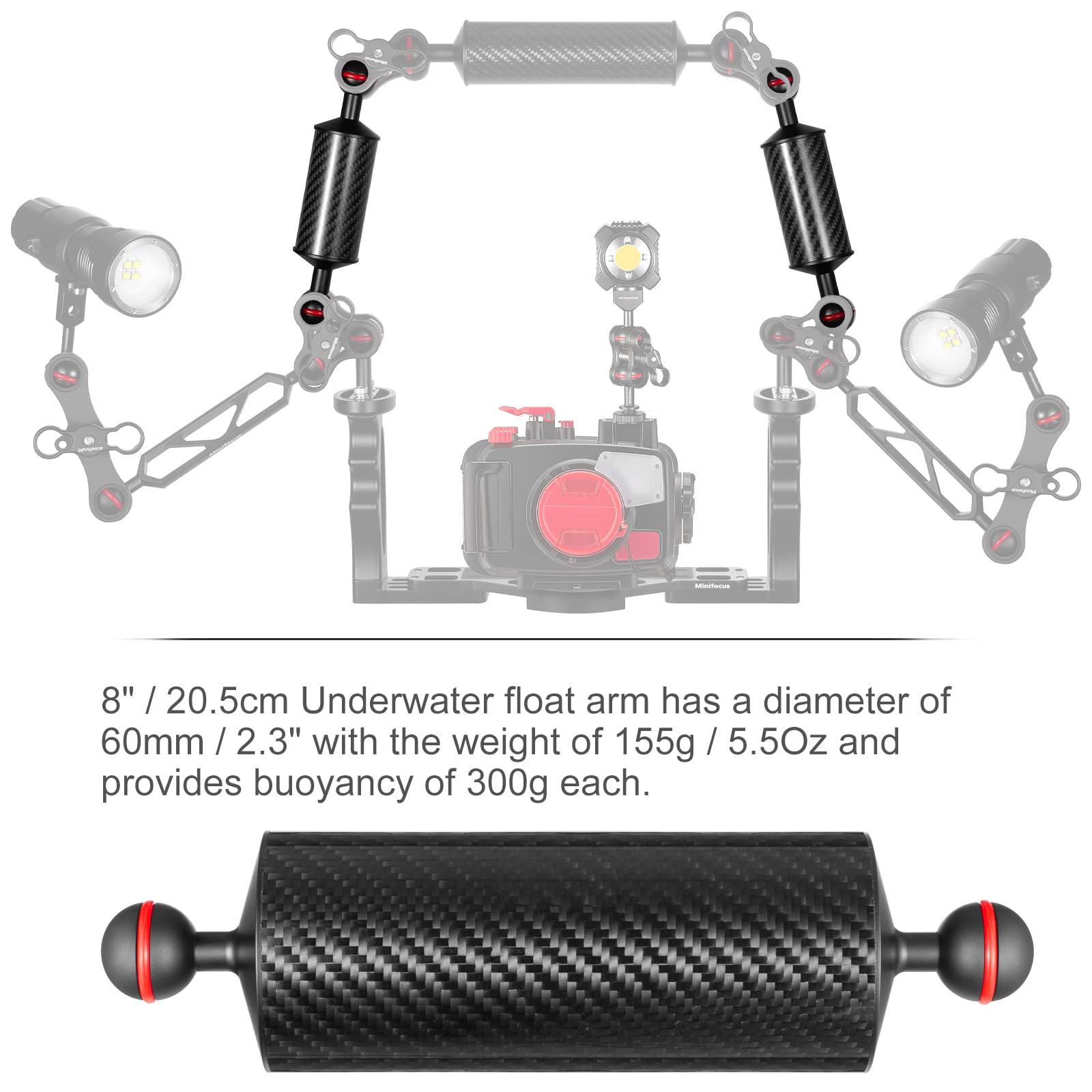 Minifocus 2Pcs Carbon Fiber Underwater Float Arm, D60Mm, 8'', Aquatic Arm, Buoyancy Provided 300G*2, Dual 1'' Ball Buoyancy Floa