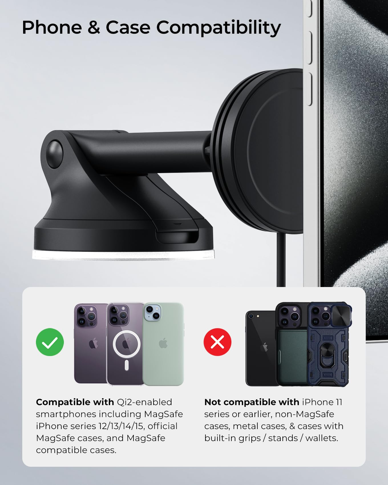 Iottie Velox Qi2 Mini 15W Wireless Charger Car Mount - Dash & Windshield Car Phone Holder - Magsafe Compatible Iphone Mount For