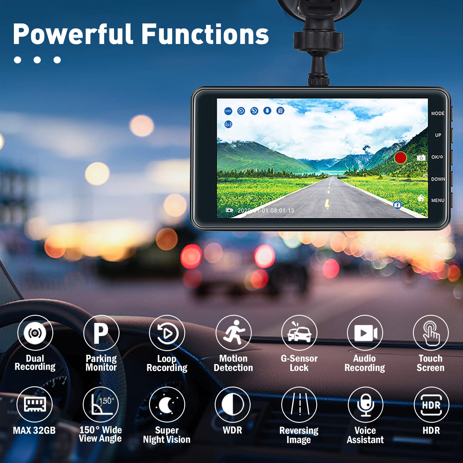 Roinvou Dual Dash Cam Front And Rear View, 4'' Lcd Touch Screen Fhd 1080P Dashboard Camera Recorder Car Dashcam With Rear Camera