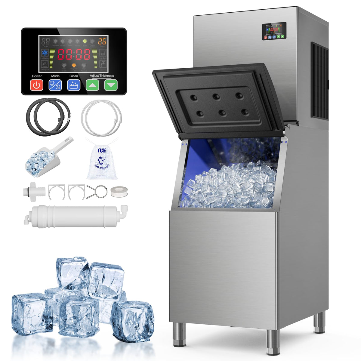 Commercial Ice Machine Maker 500Lbs/24H, Industrial Ice Machine With 350Lbs Storage Bin, 5-15 Minutes Fast Ice Making, 30 Adjust